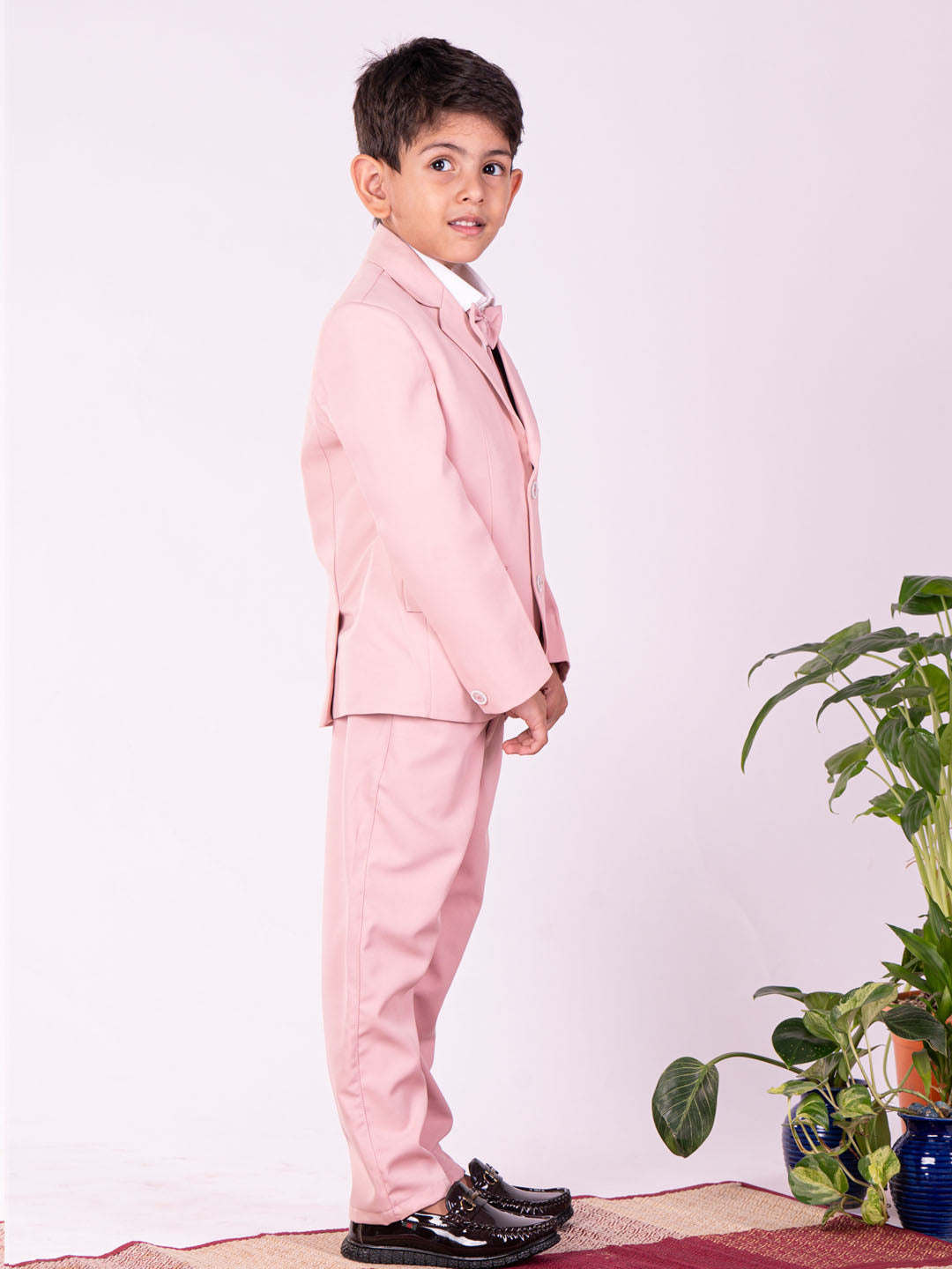 Boy's' White And Pink Shirt Blazer Waist Coat And Pant