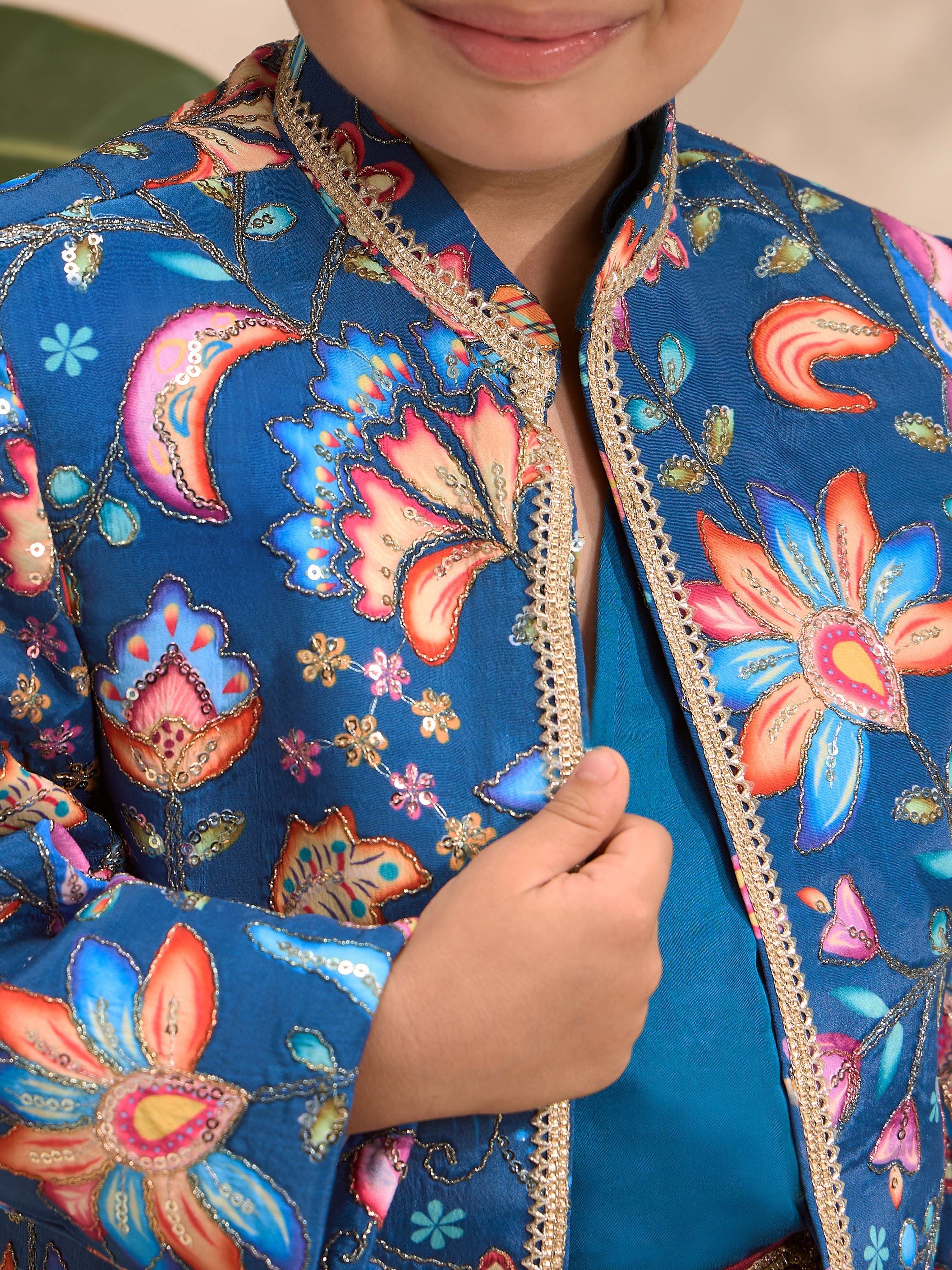 Boys's Blue Silk-Blend Embroidered Thigh Length Jaclet, Kurta And Dhoti Set