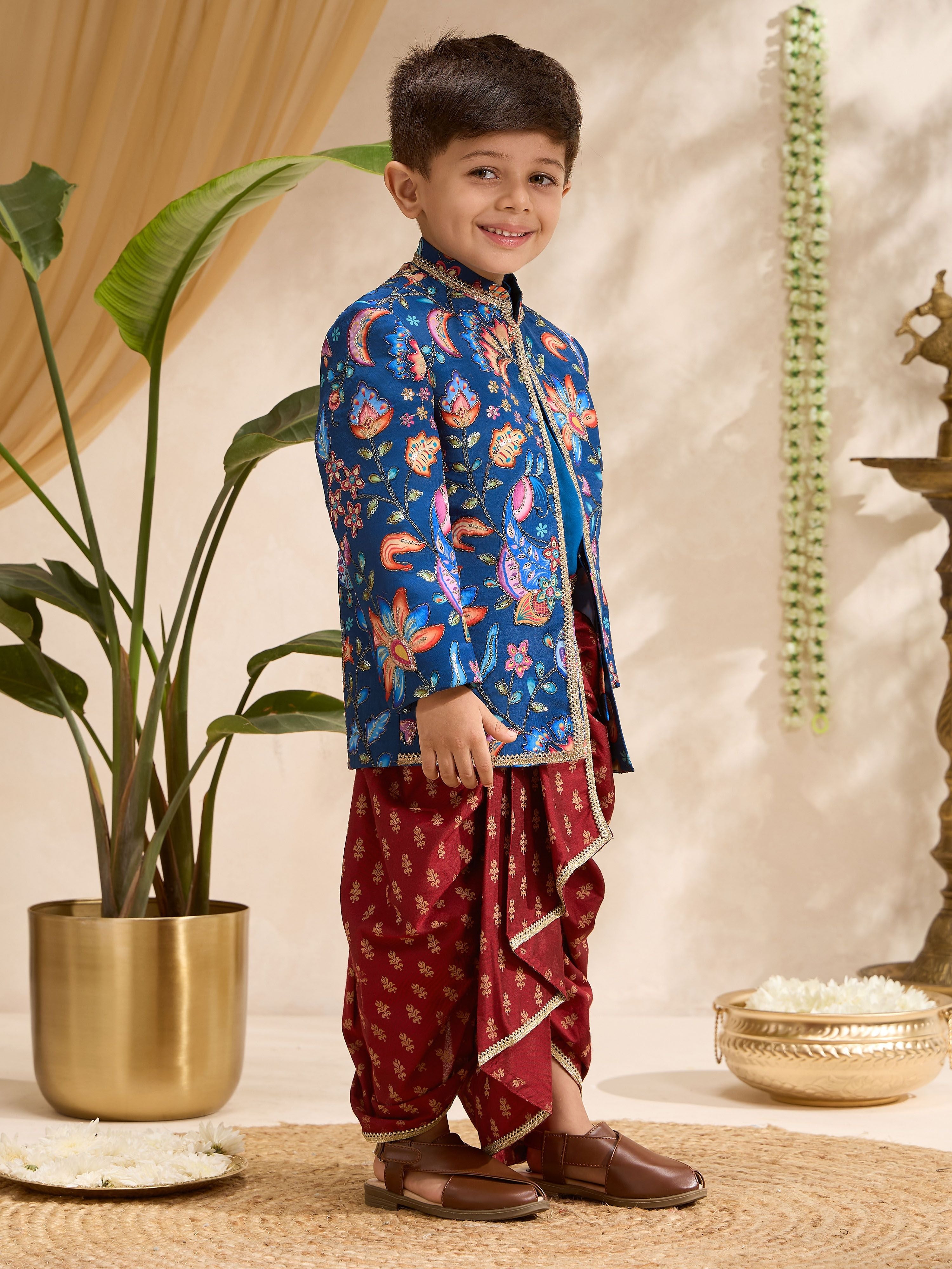Boys's Blue Silk-Blend Embroidered Thigh Length Jaclet, Kurta And Dhoti Set