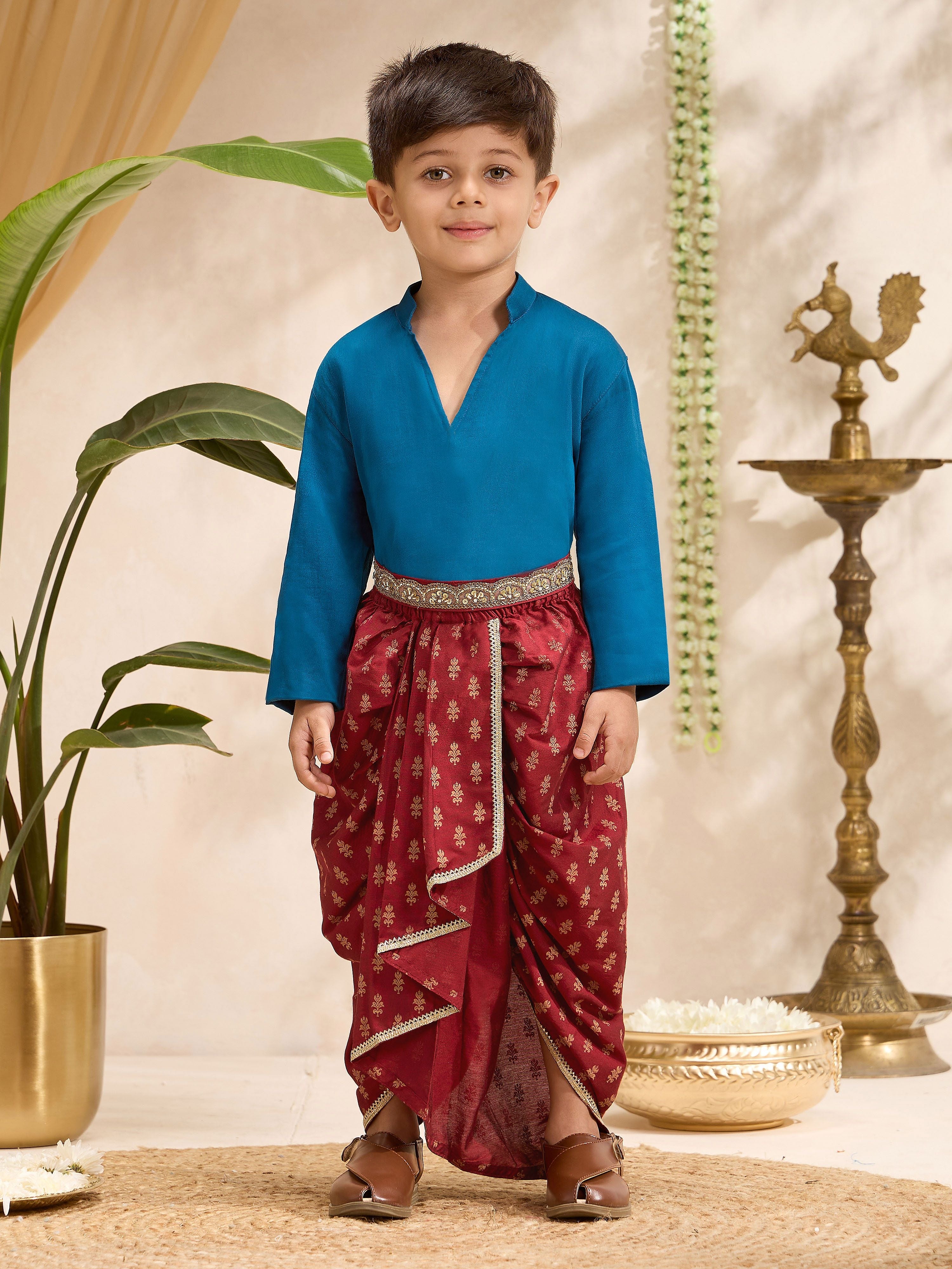 Boys's Blue Silk-Blend Embroidered Thigh Length Jaclet, Kurta And Dhoti Set