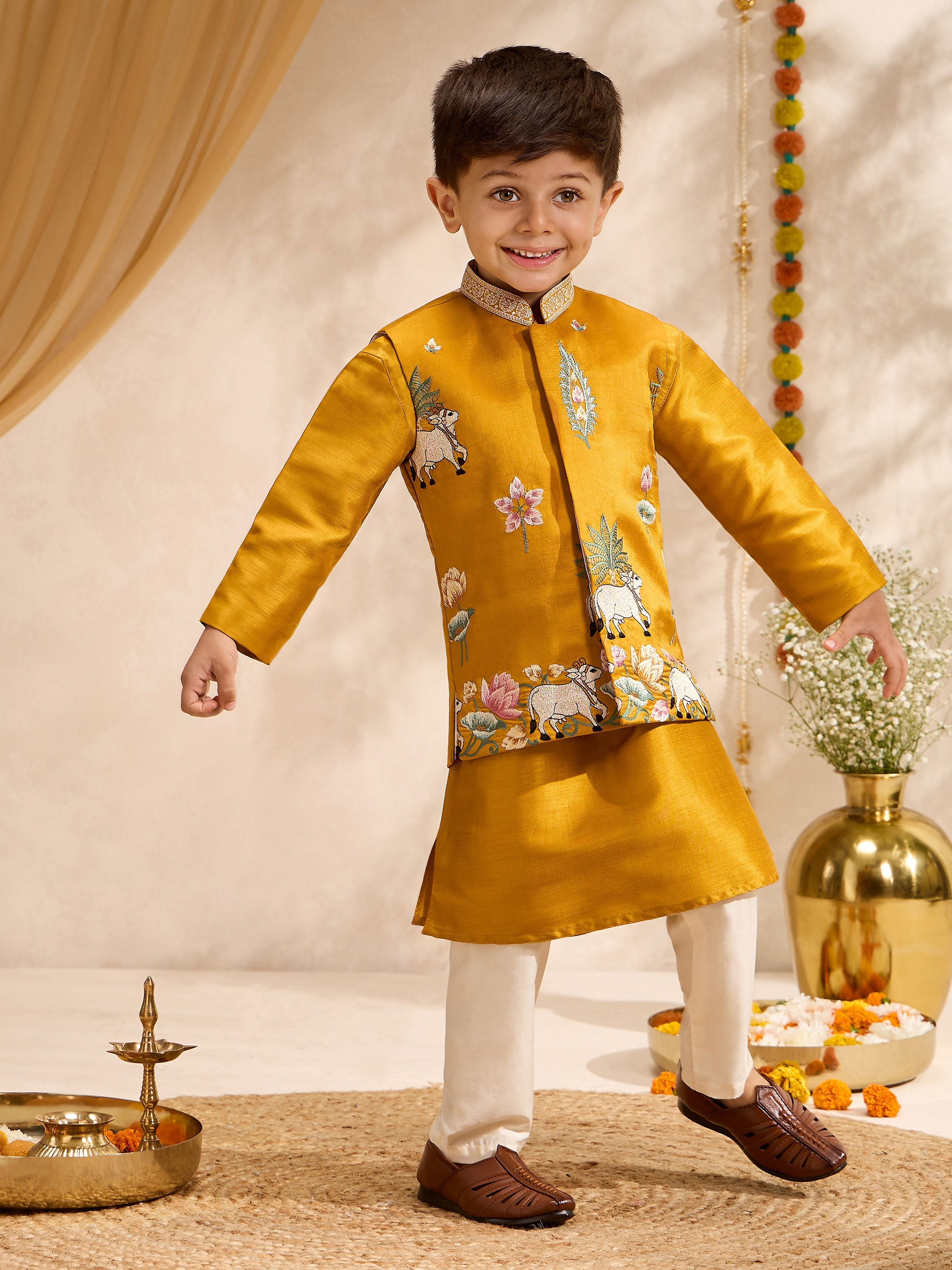 Boy Mustard Silk Blend Nehru Jacket with Kurta and Pyjama Set  Ethnic Wear