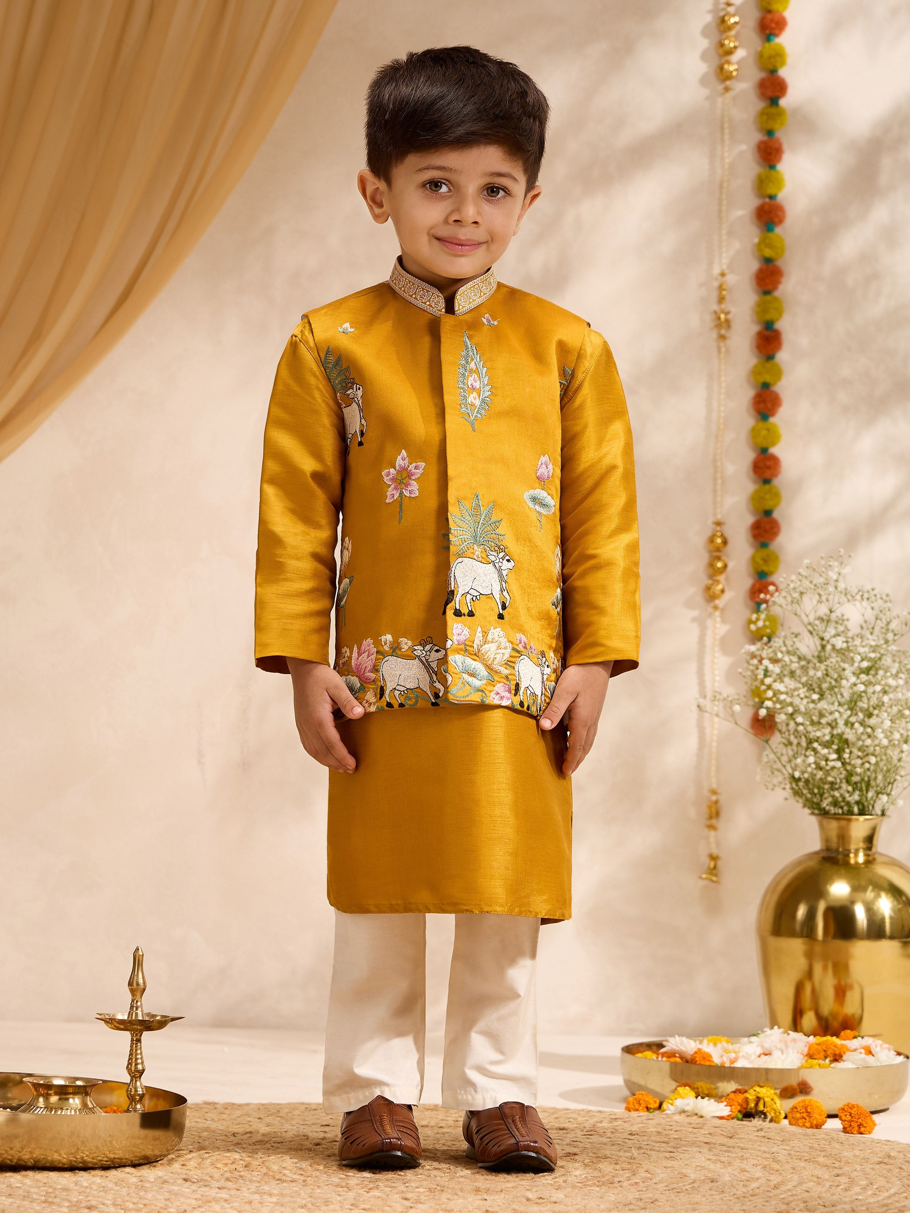 Boy's Mustard Silk-Blend Embroidered Thigh Length Nehru Jacket with Kurta and Pyjama Set