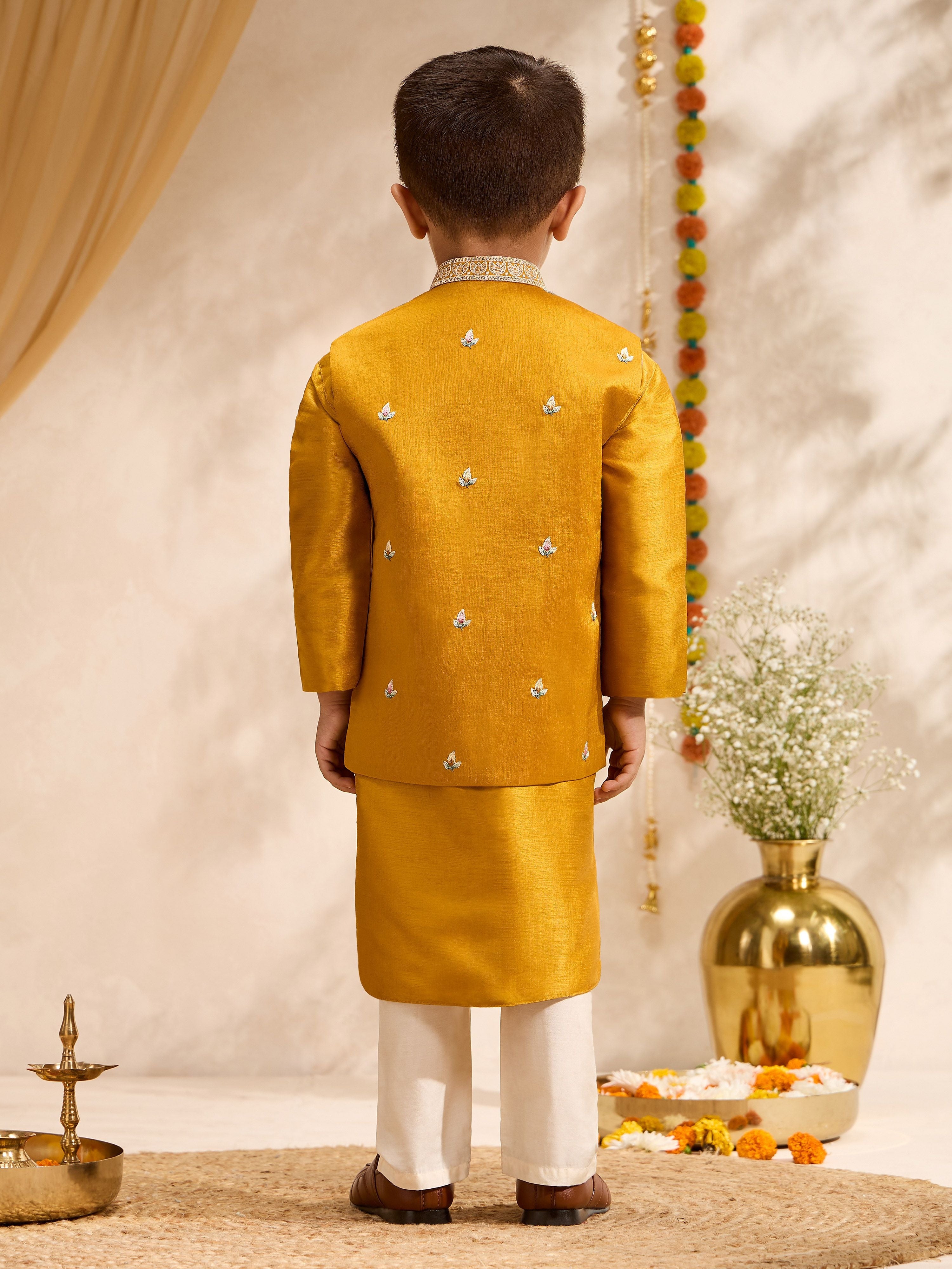 Boy's Mustard Silk-Blend Embroidered Thigh Length Nehru Jacket with Kurta and Pyjama Set