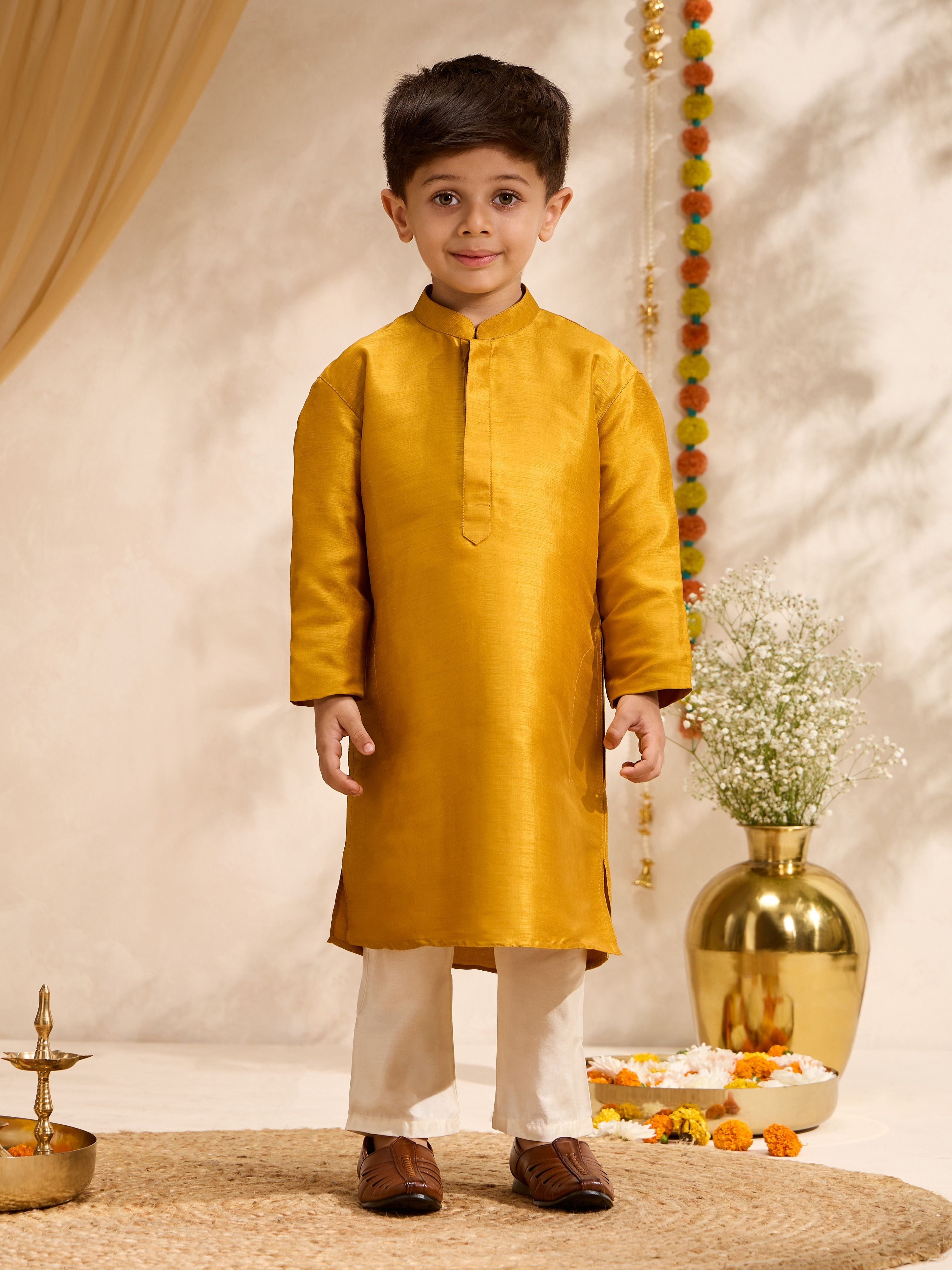 Boy's Mustard Silk-Blend Embroidered Thigh Length Nehru Jacket with Kurta and Pyjama Set