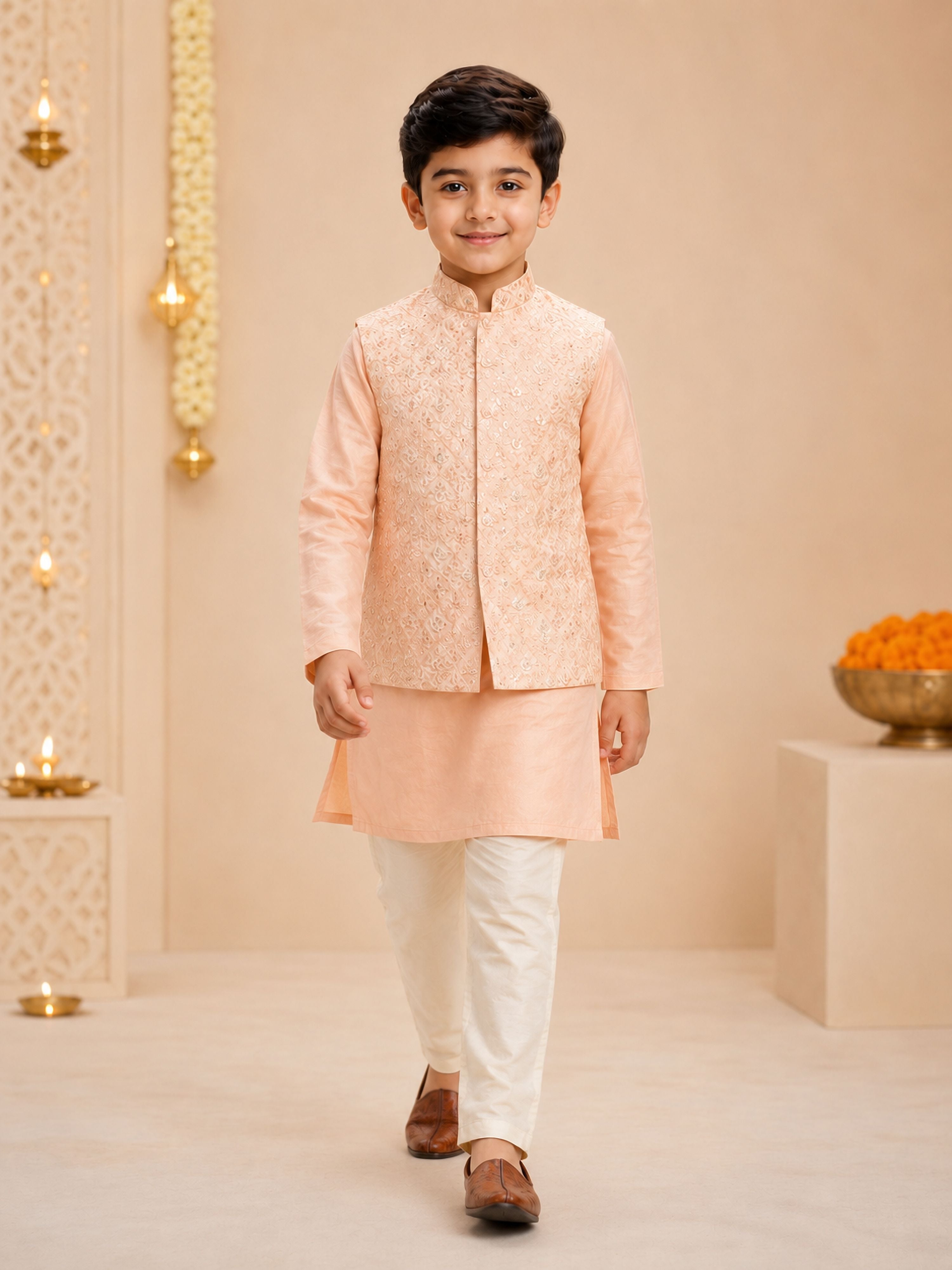 Boy Peach Silk Blend Kurta, Pyjama and Jacket Set Festive, Festive Glitz, Indated Traditions, Summer / Casual, All regions Ethnic Wear