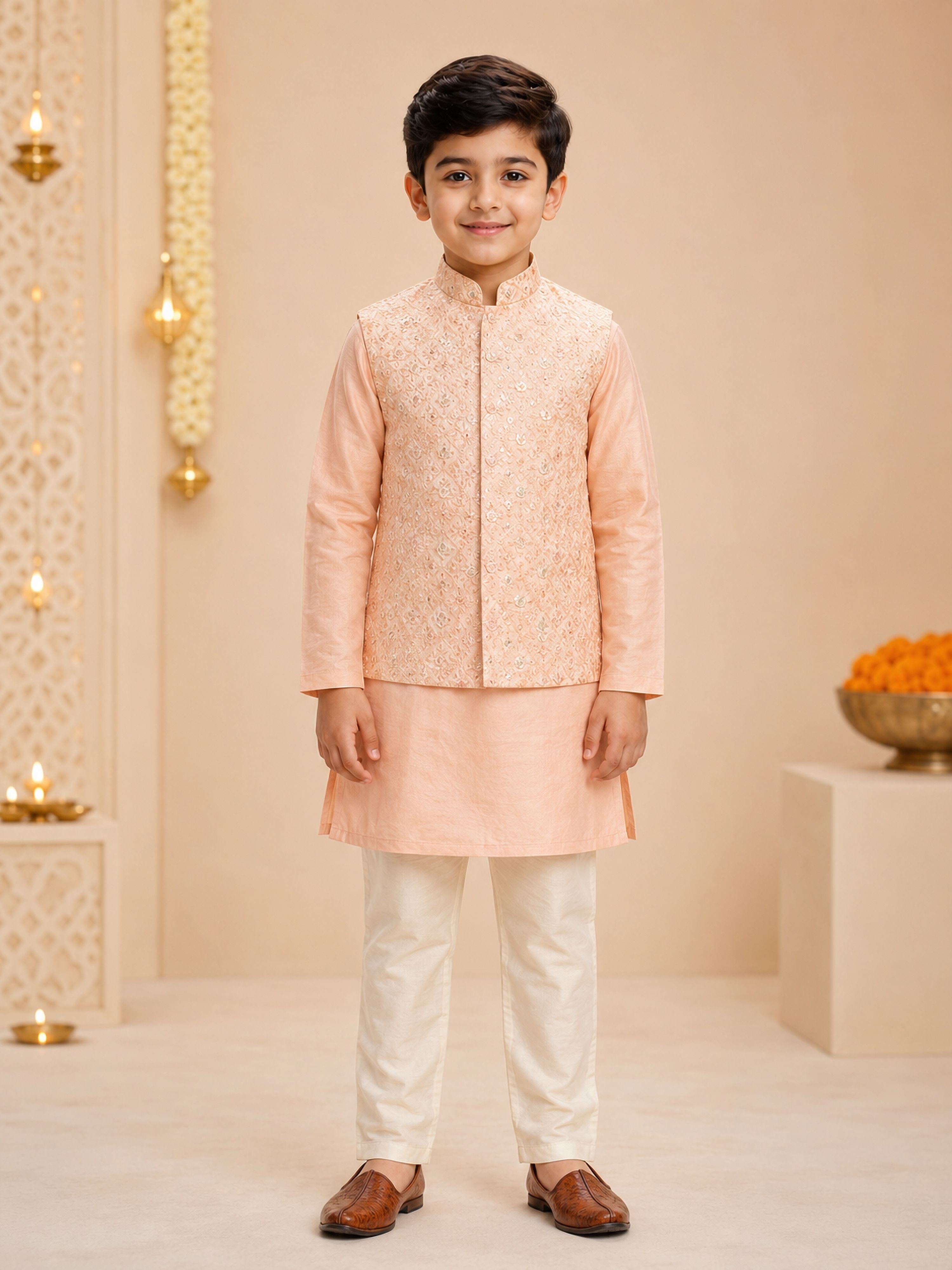 Boy's Peach Silk-Blend Embroidered Knee Length Kurta, Pyjama and Jacket Set