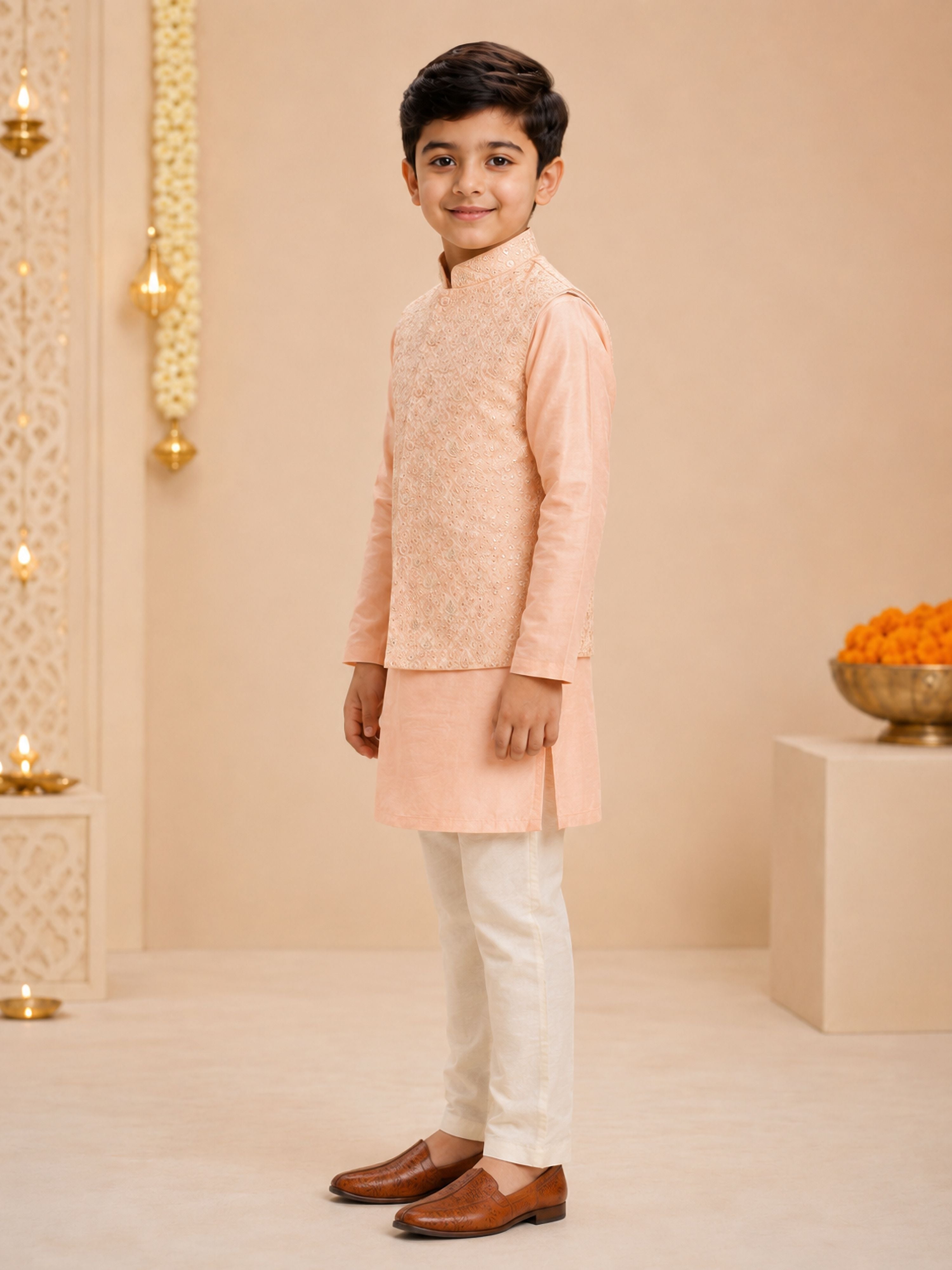 Boy's Peach Silk-Blend Embroidered Knee Length Kurta, Pyjama and Jacket Set