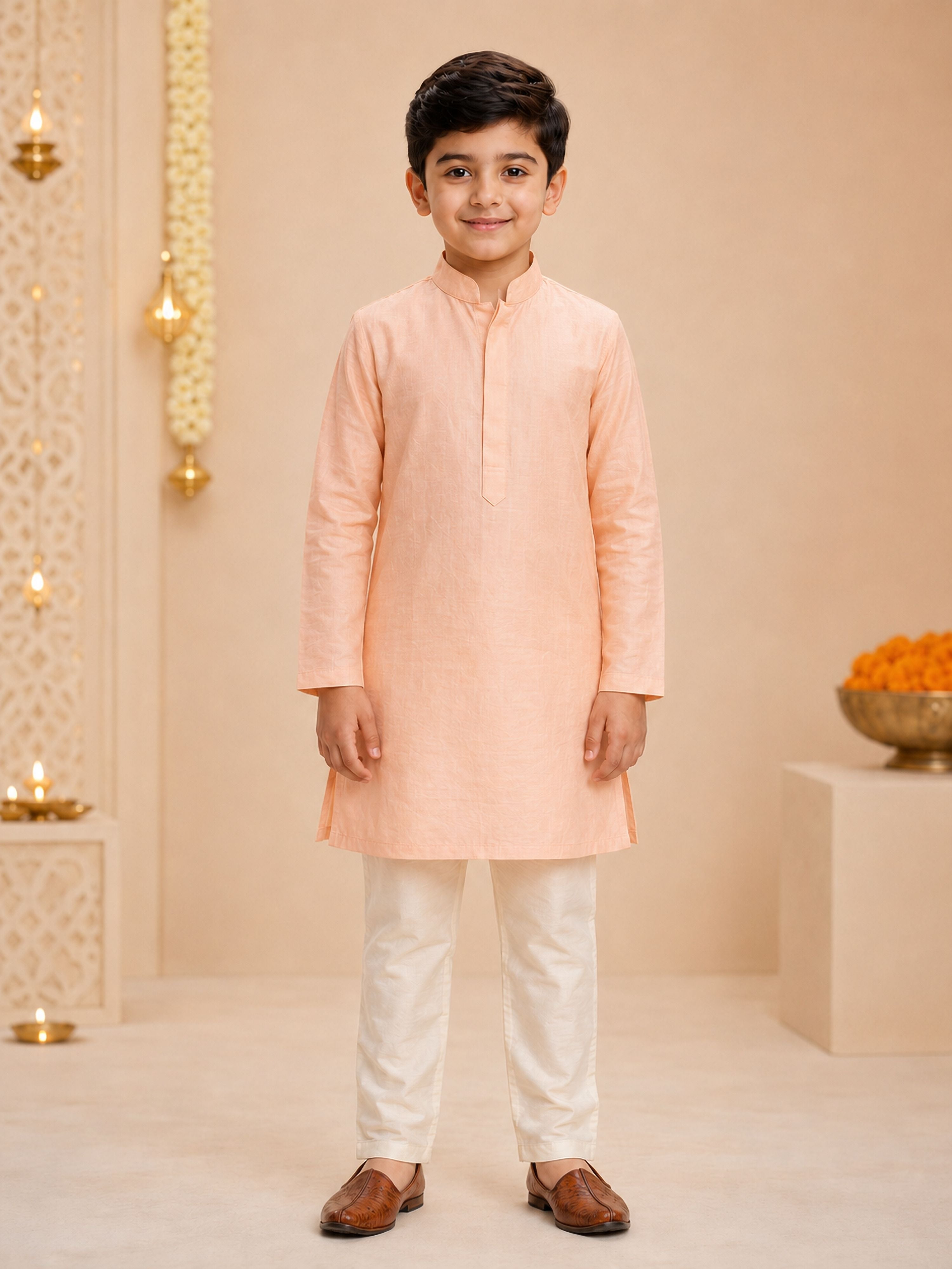 Boy's Peach Silk-Blend Embroidered Knee Length Kurta, Pyjama and Jacket Set