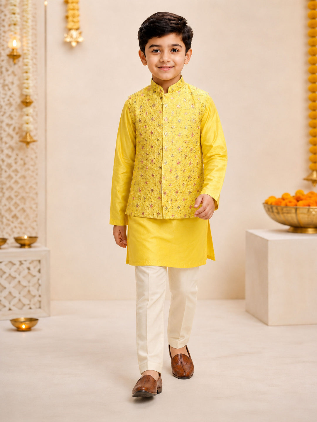 Boy Yellow Silk Blend Kurta, Pyjama and Jacket Set Festive, Festive Glitz, Indated Traditions, Summer / Casual, All regions Ethnic Wear