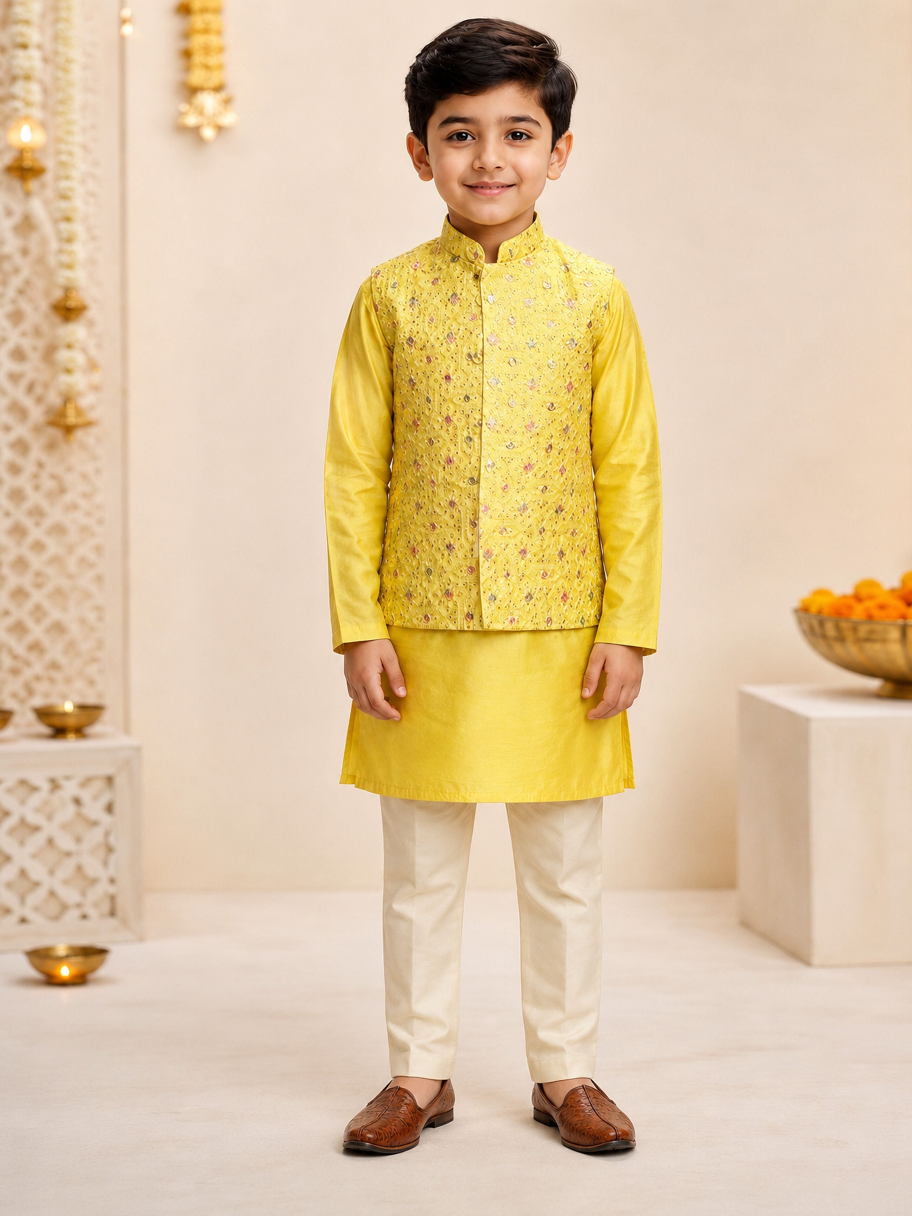 Boy's Yellow Silk-Blend Embroidered Knee Length Kurta, Pyjama and Jacket Set