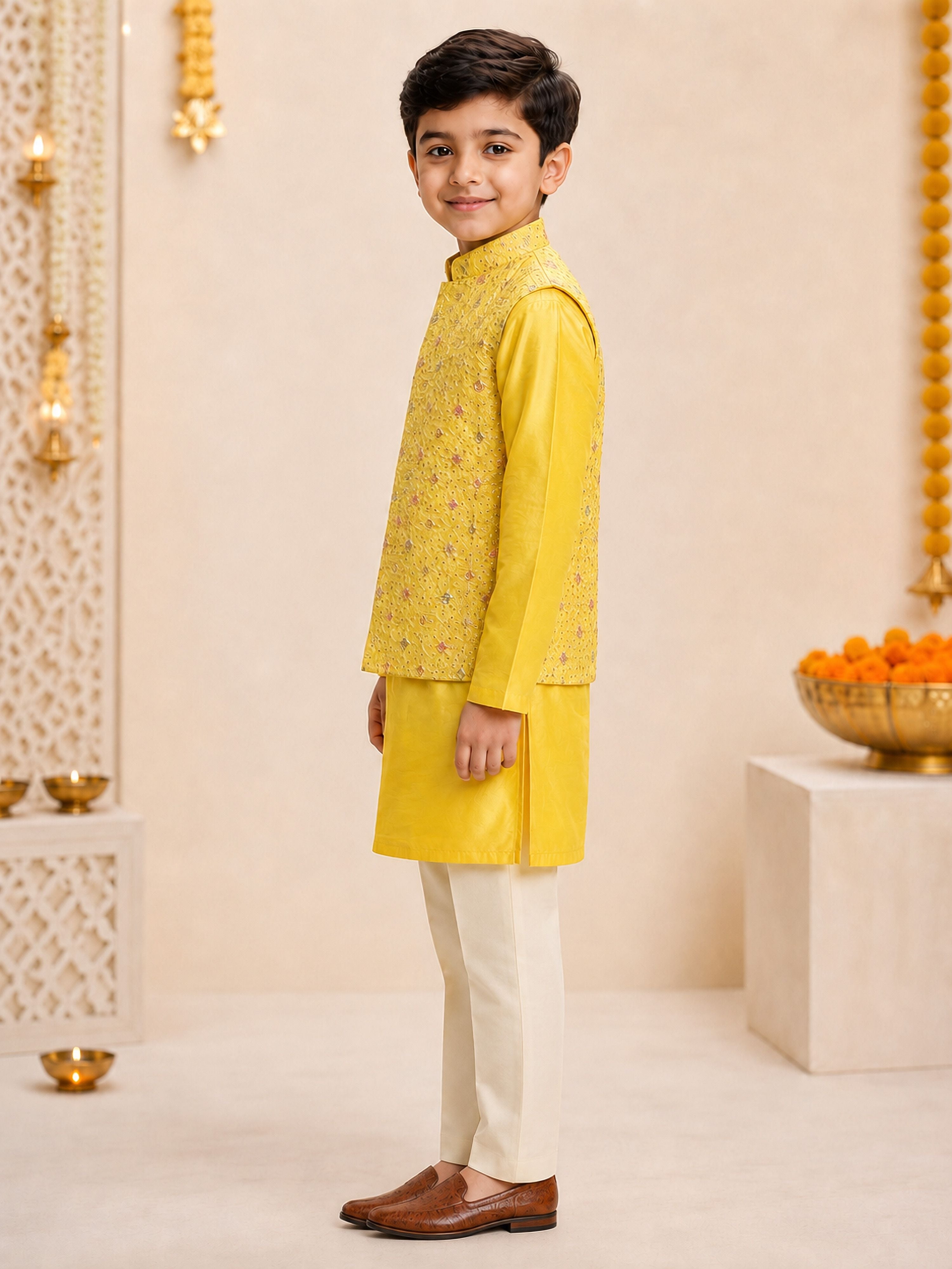 Boy's Yellow Silk-Blend Embroidered Knee Length Kurta, Pyjama and Jacket Set