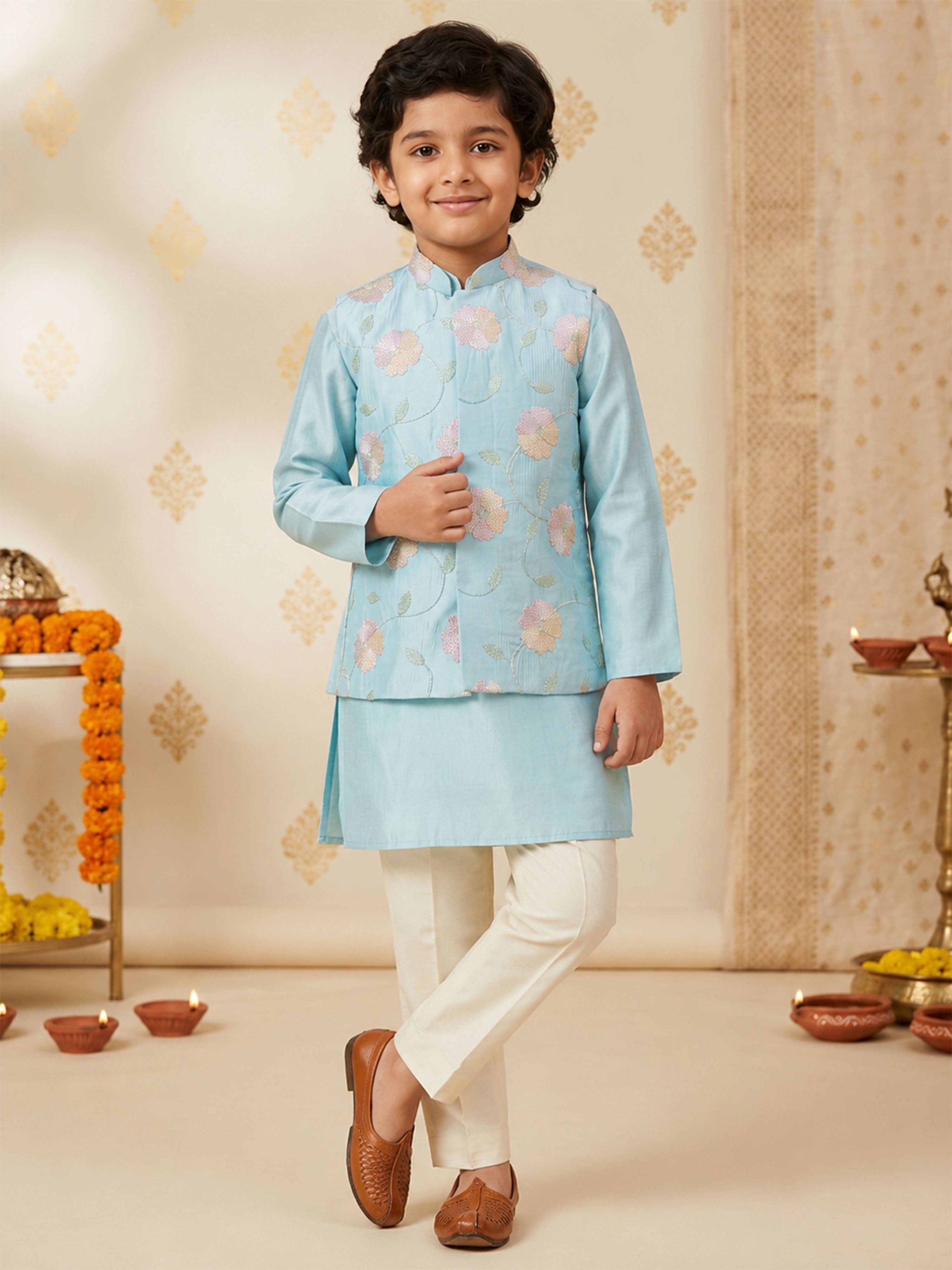 Boy Aqua Silk Blend Kurta, Pyjama and Jacket Set Festive, Festive Glitz, Indated Traditions, Summer / Casual, All regions Ethnic Wear