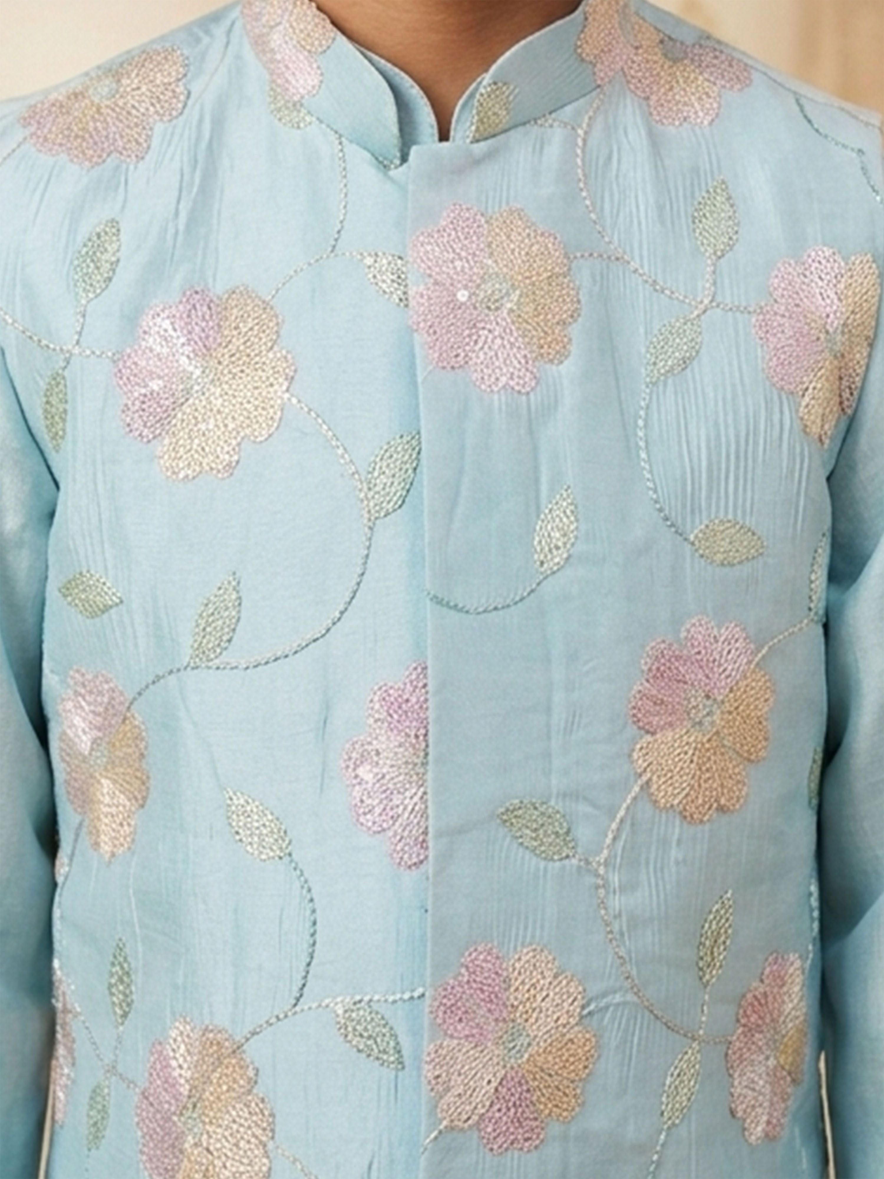 Boy's Aqua Silk-Blend Embroidered Knee Length Kurta, Pyjama and Jacket Set