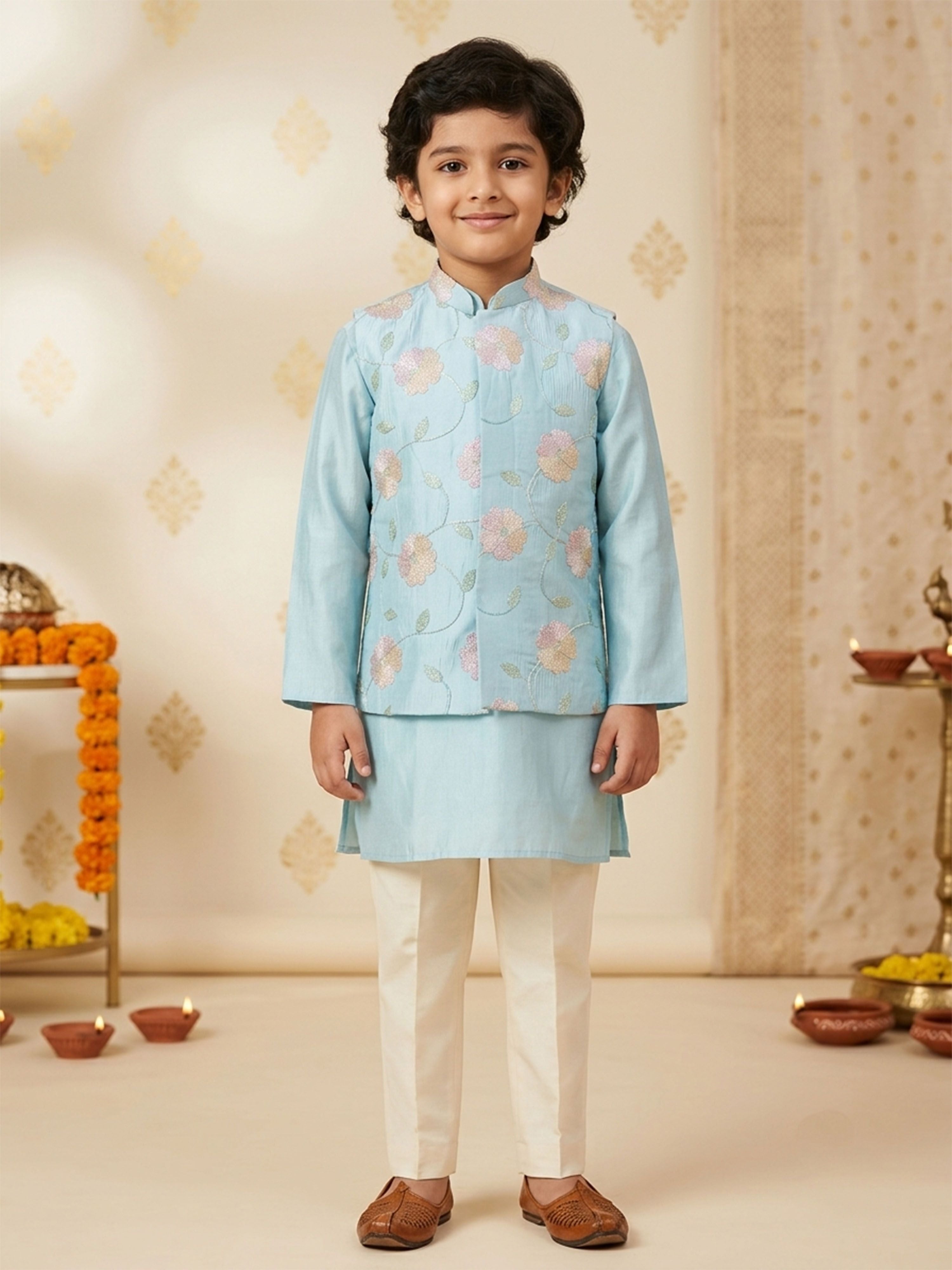 Boy's Aqua Silk-Blend Embroidered Knee Length Kurta, Pyjama and Jacket Set