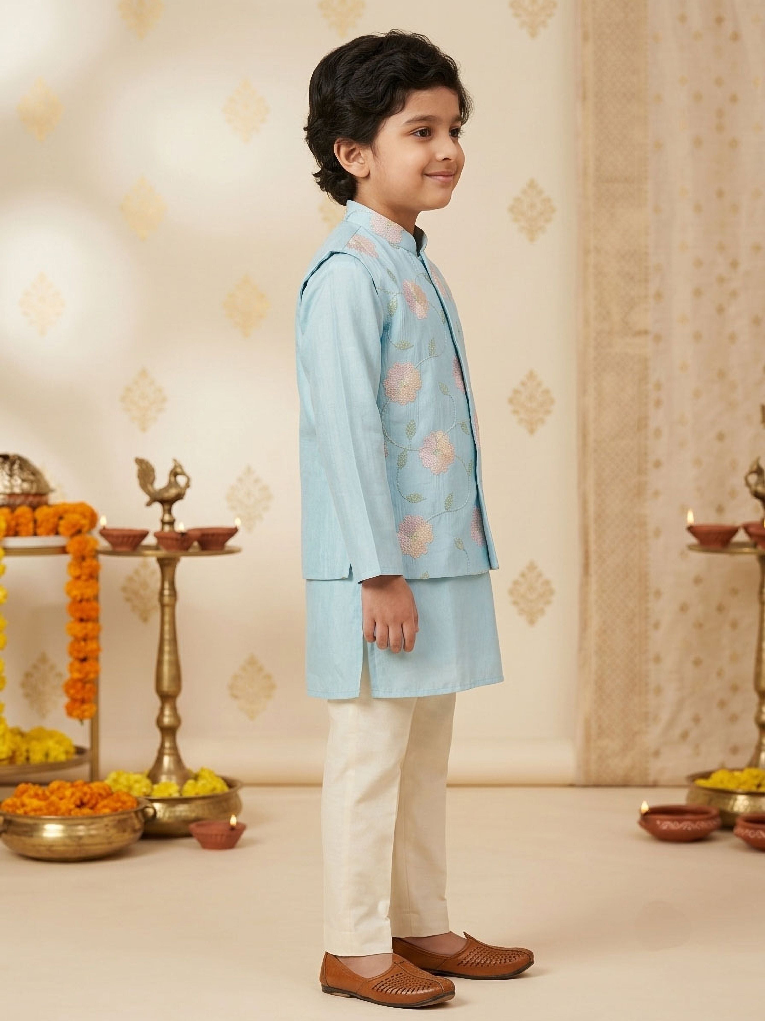 Boy's Aqua Silk-Blend Embroidered Knee Length Kurta, Pyjama and Jacket Set