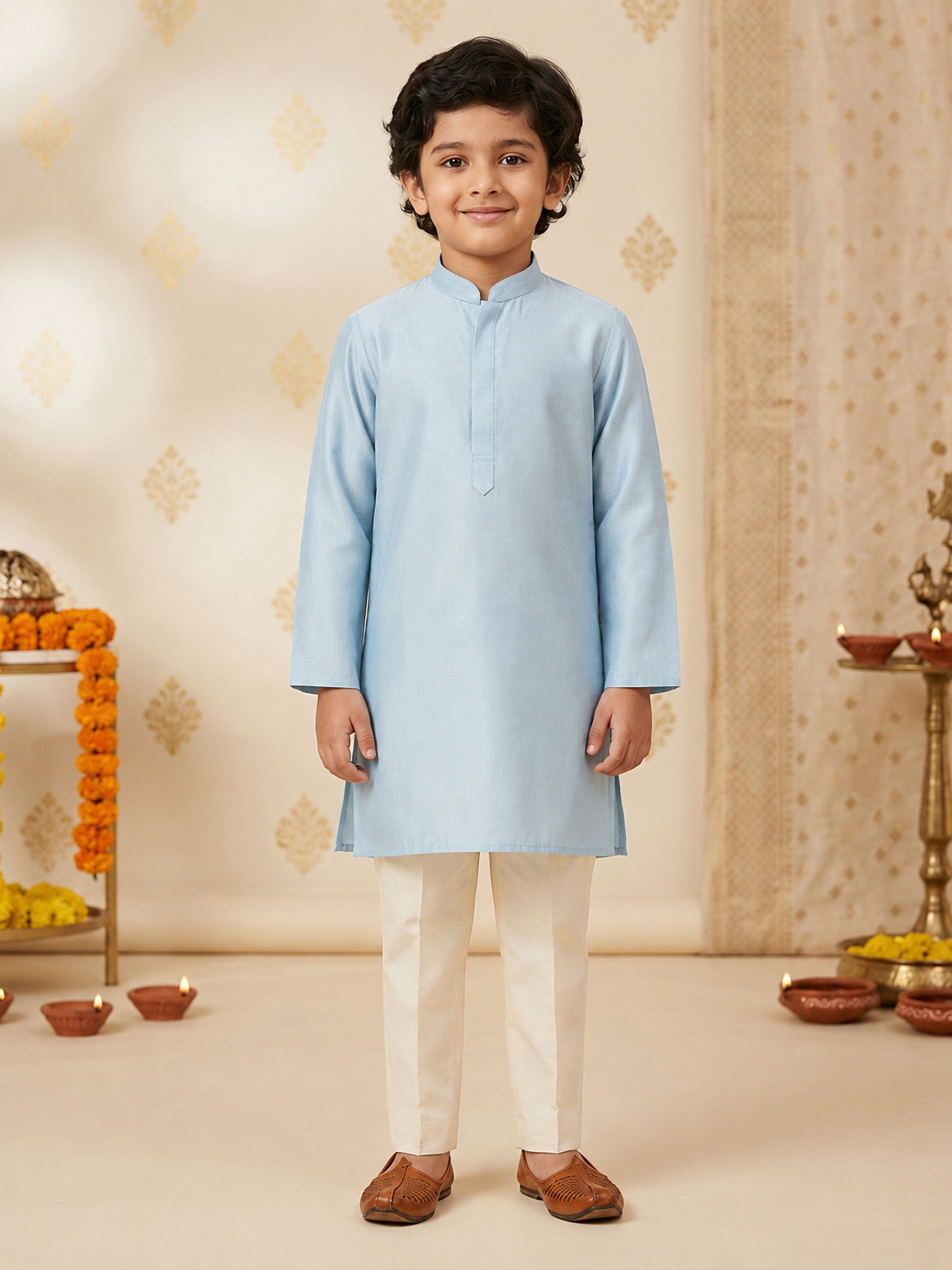 Boy's Aqua Silk-Blend Embroidered Knee Length Kurta, Pyjama and Jacket Set