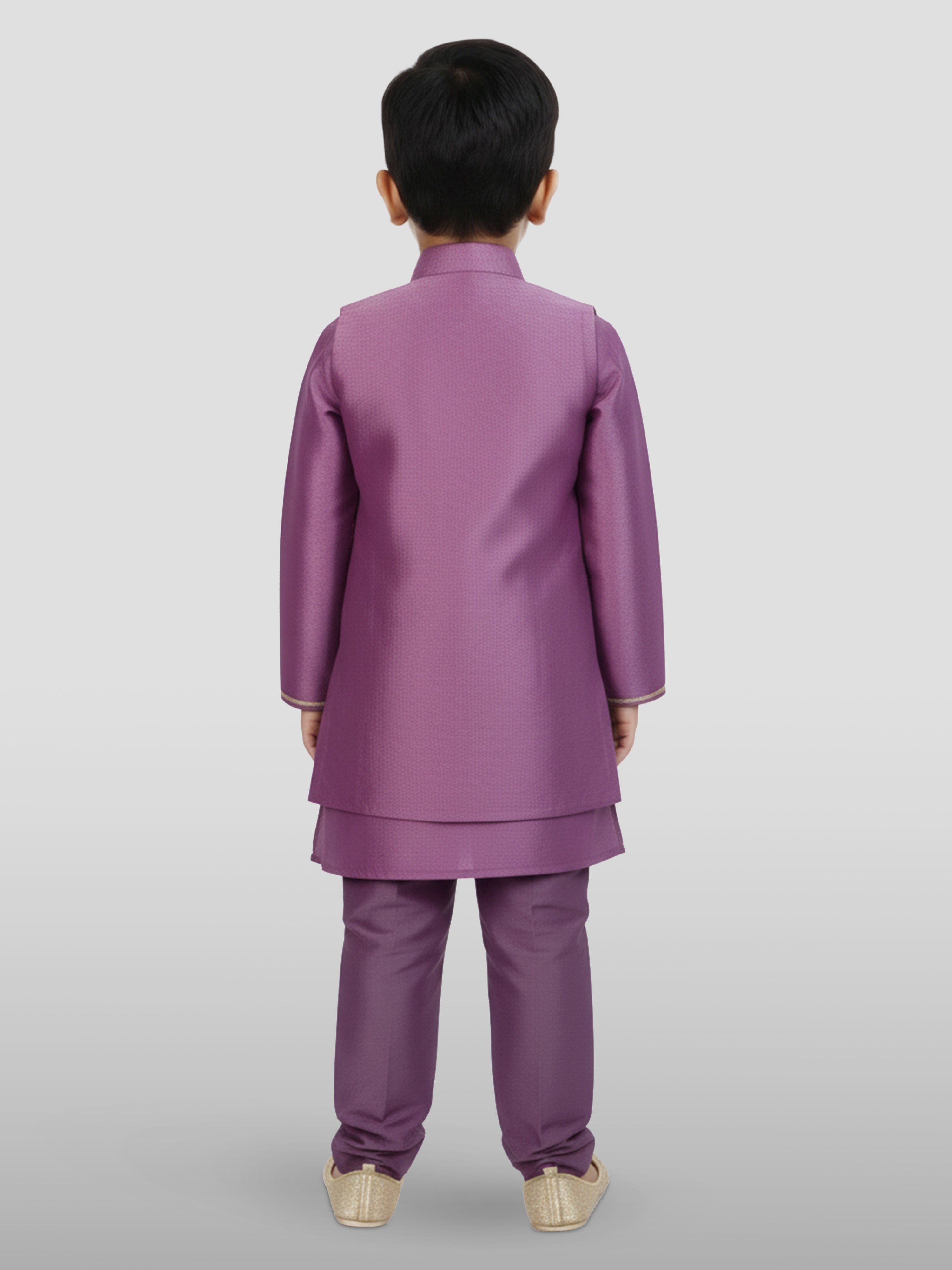 Boy's' Purple Jacket, Kurta And Pyjama Set