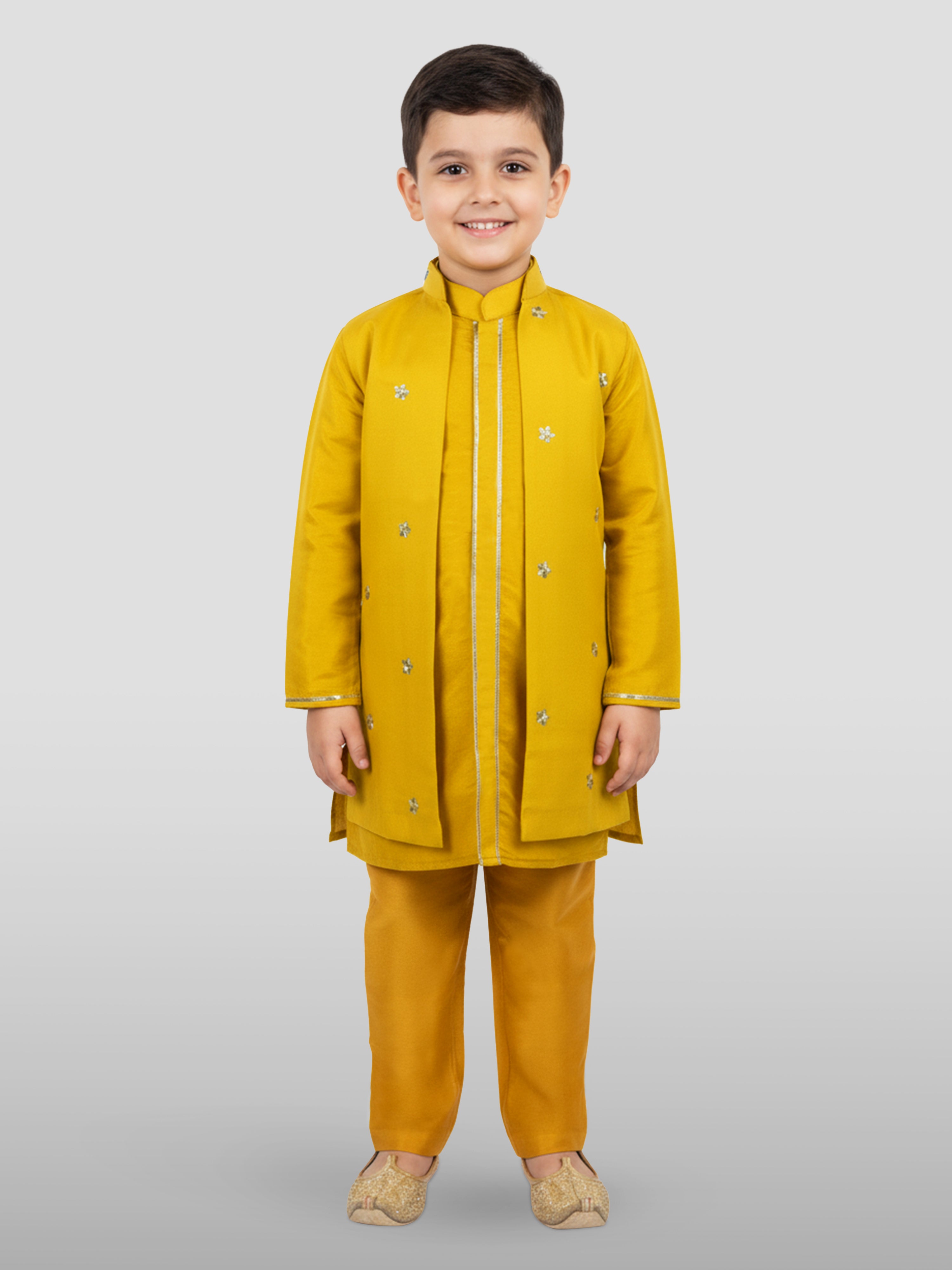 Boy's' Mustard Jacket, Kurta And Pyjama Set