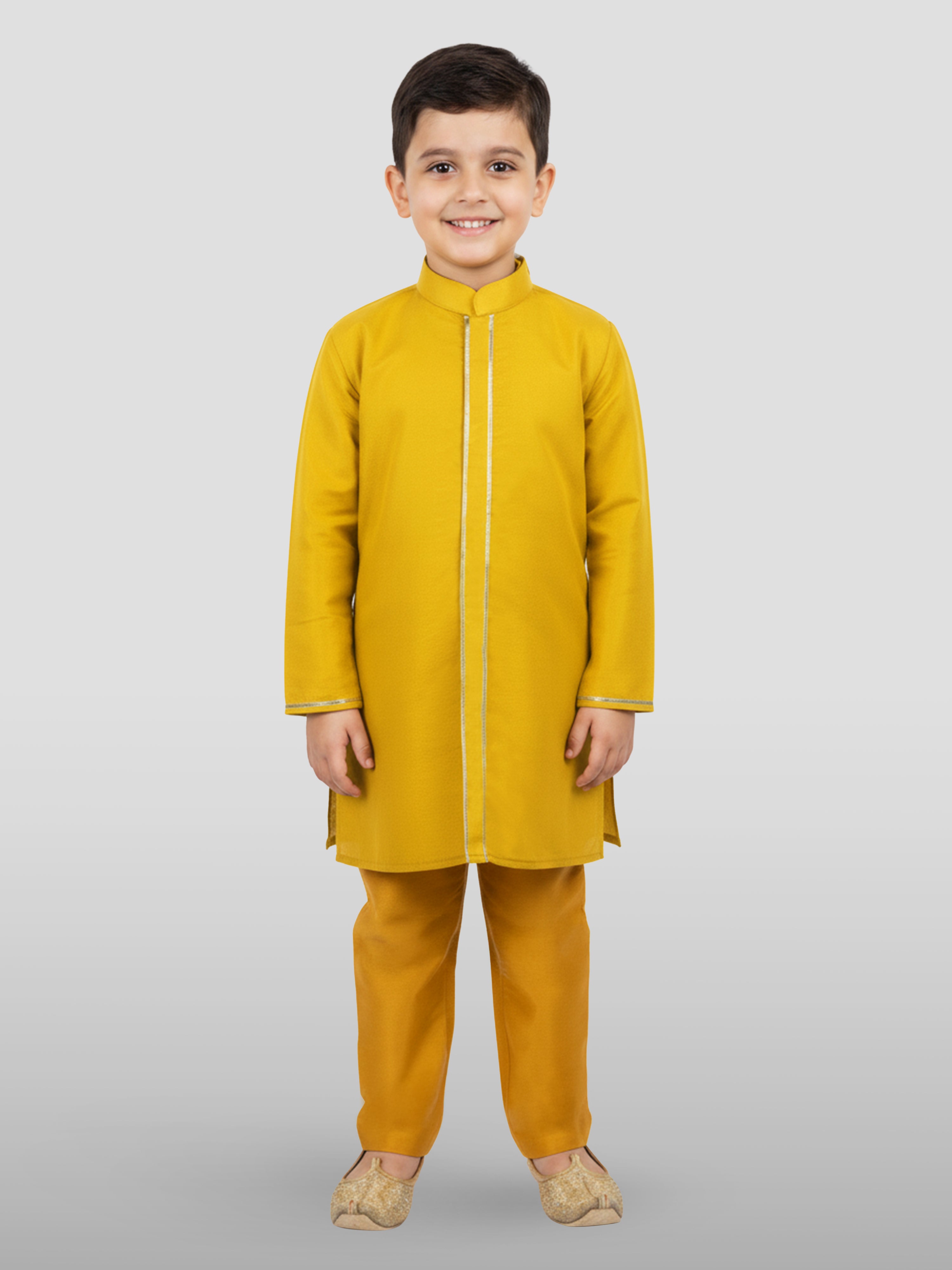 Boy's' Mustard Jacket, Kurta And Pyjama Set