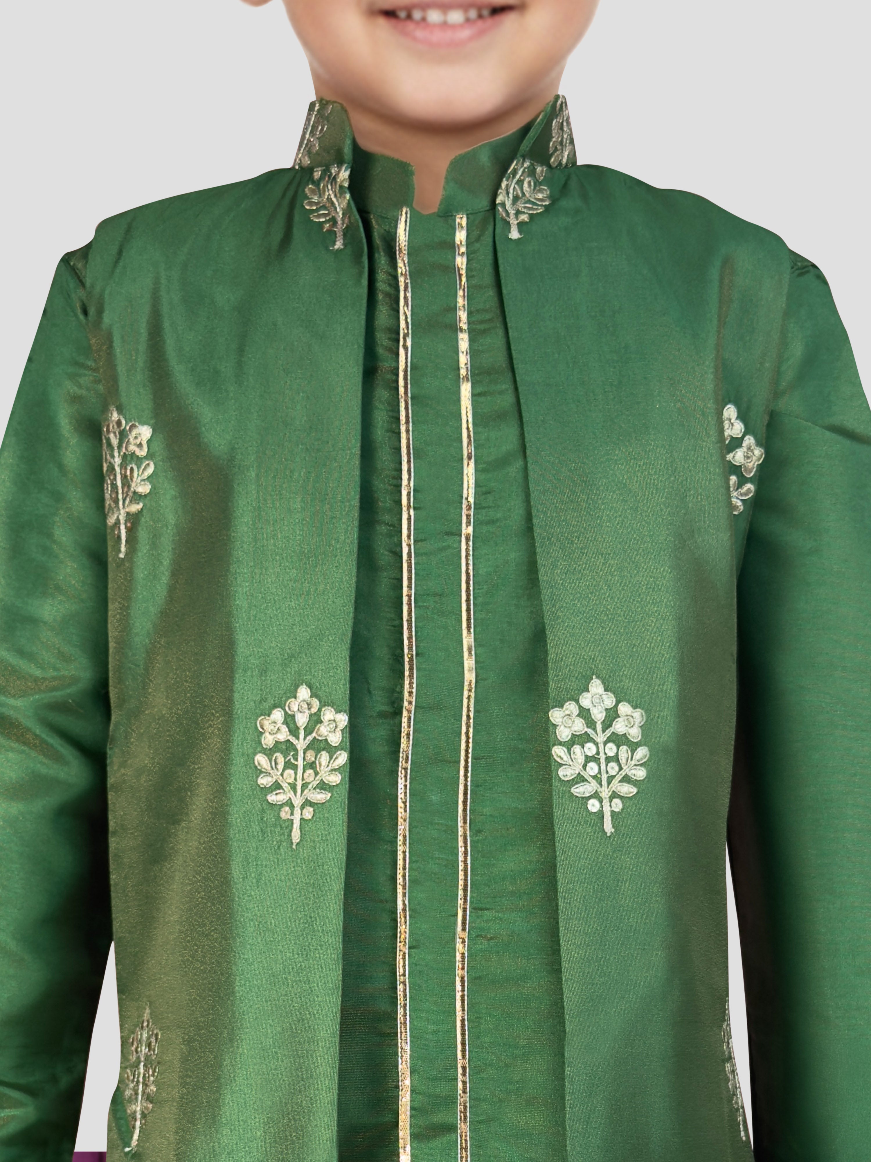 Boy's' Green Jacket, Kurta And Pyjama Set