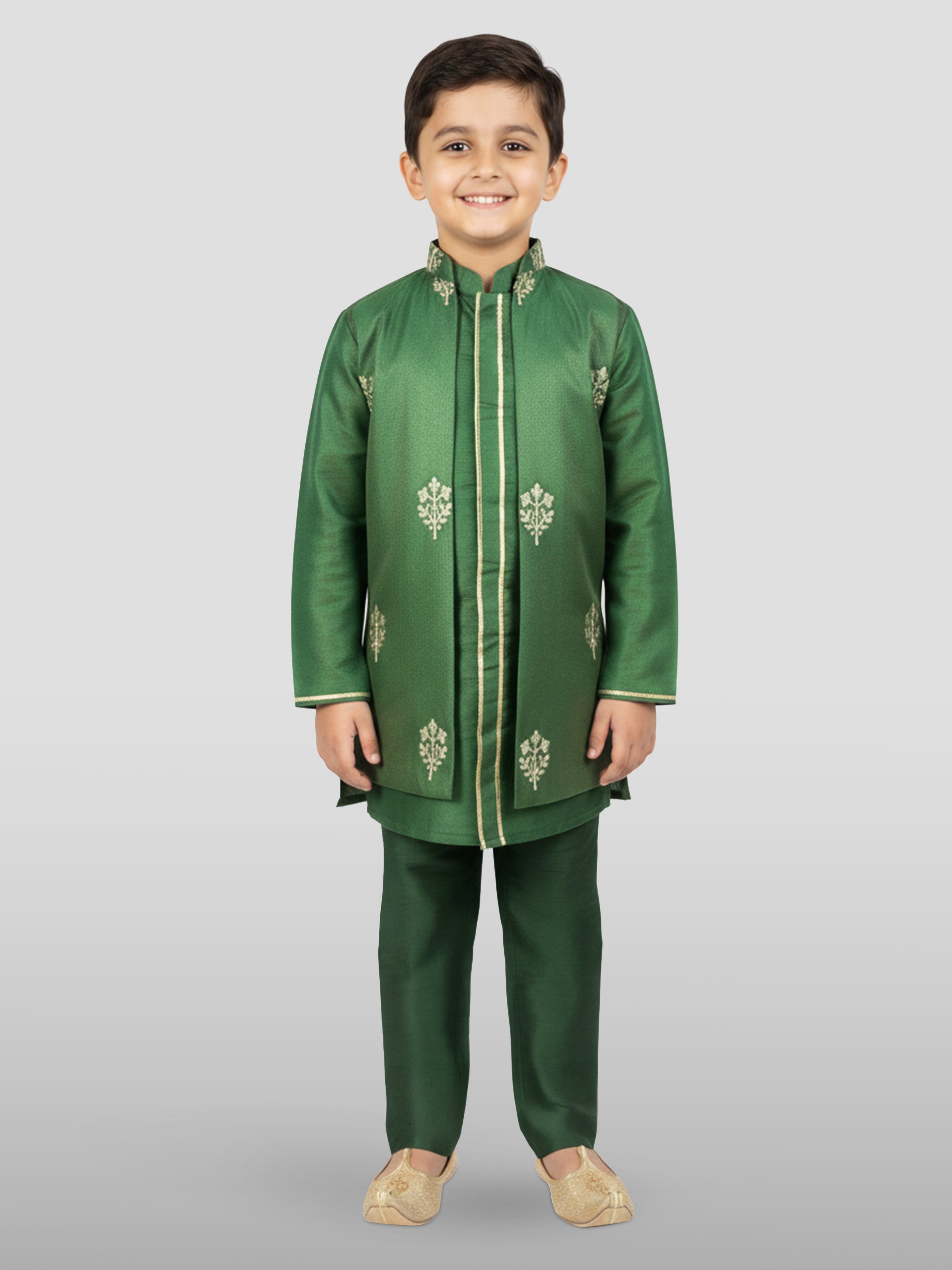 Boy's' Green Jacket, Kurta And Pyjama Set