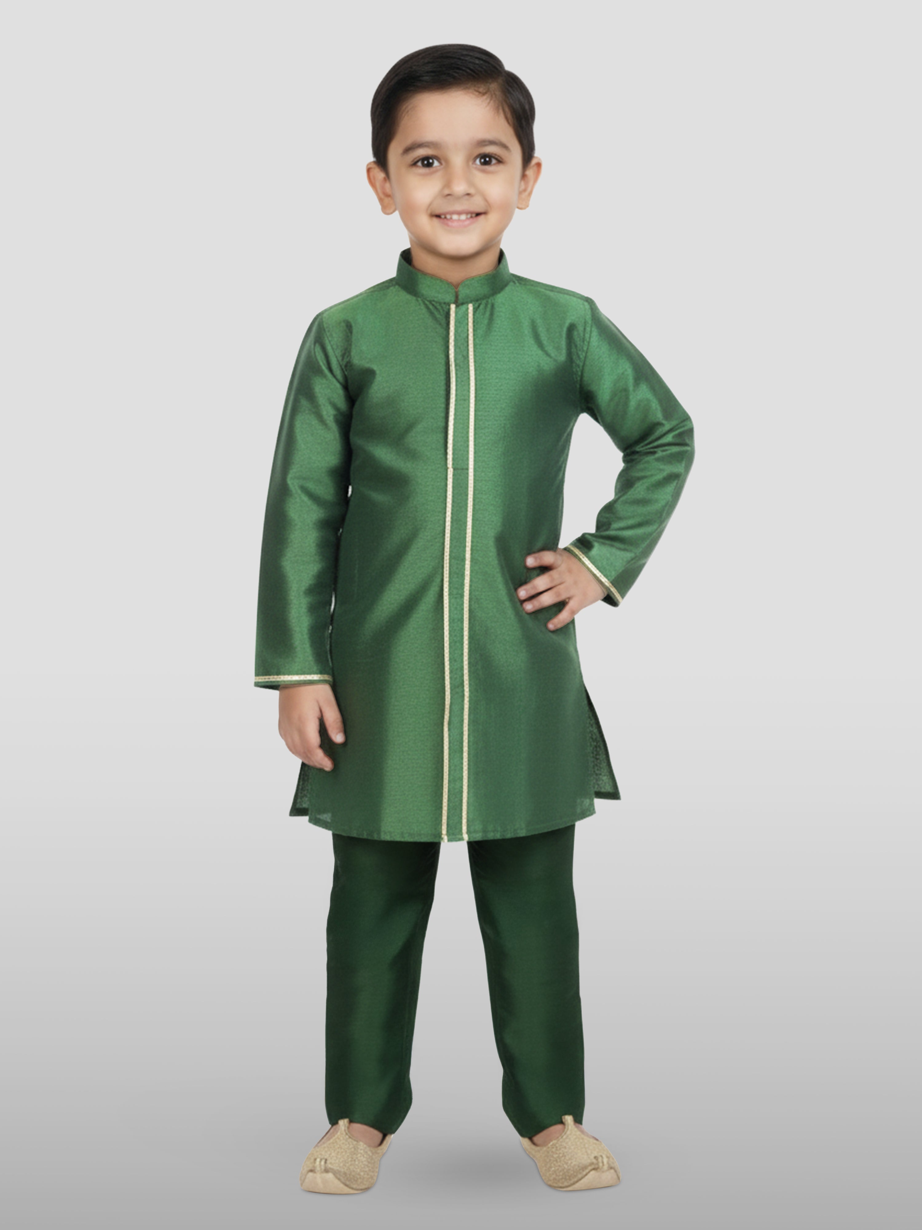 Boy's' Green Jacket, Kurta And Pyjama Set