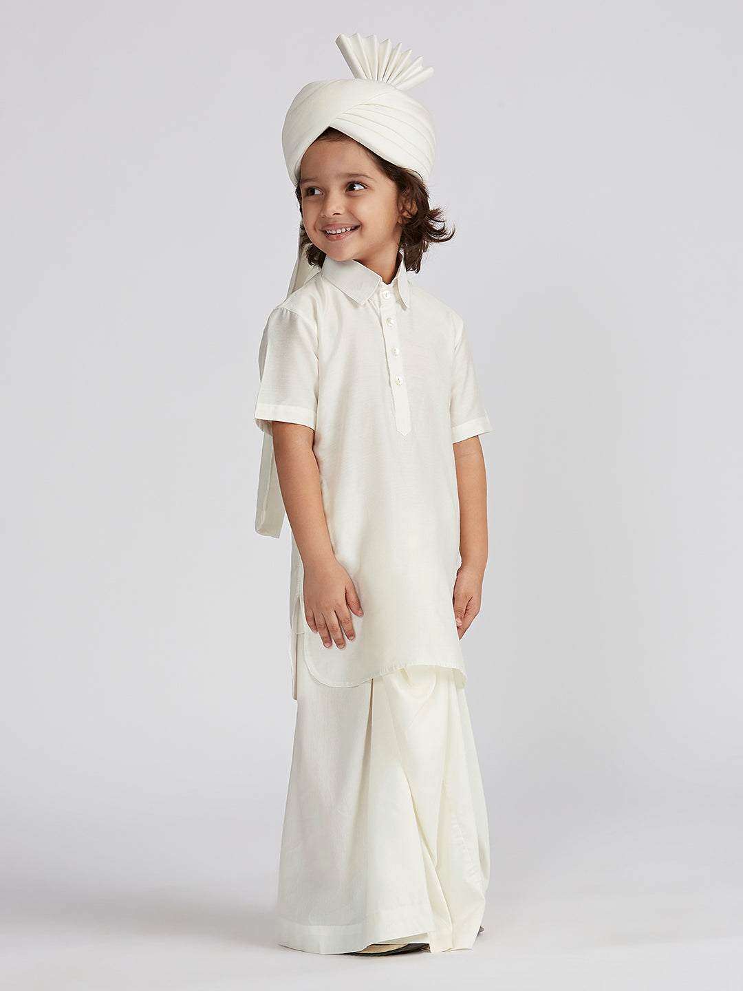 Boy's'  White Viscose Kurta Lungi And Safa Set