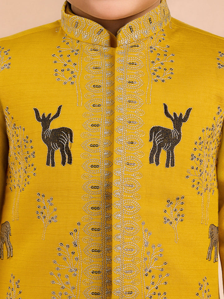 Boys Mustard Silk Blend Embroidered Nehru Jacket Set with Stone Work