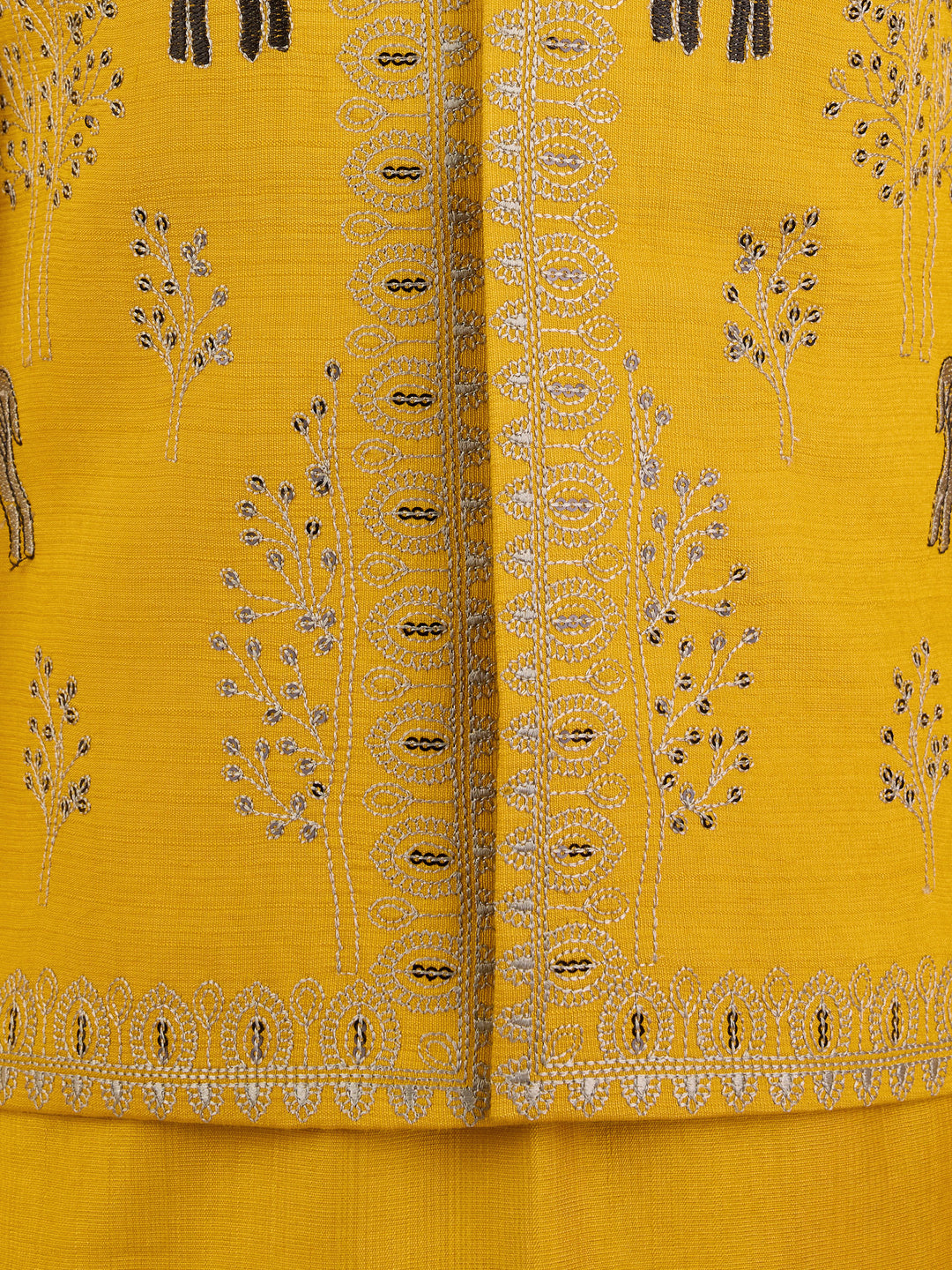 Boys Mustard Silk Blend Embroidered Nehru Jacket Set with Stone Work