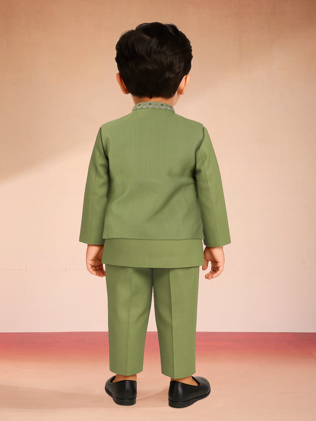 Boys Pista Green Silk Blend Embroidered Nehru Jacket Set
