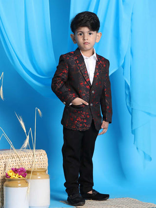 VASTRAMAY Boy's Black And Red Woven Design Blazer