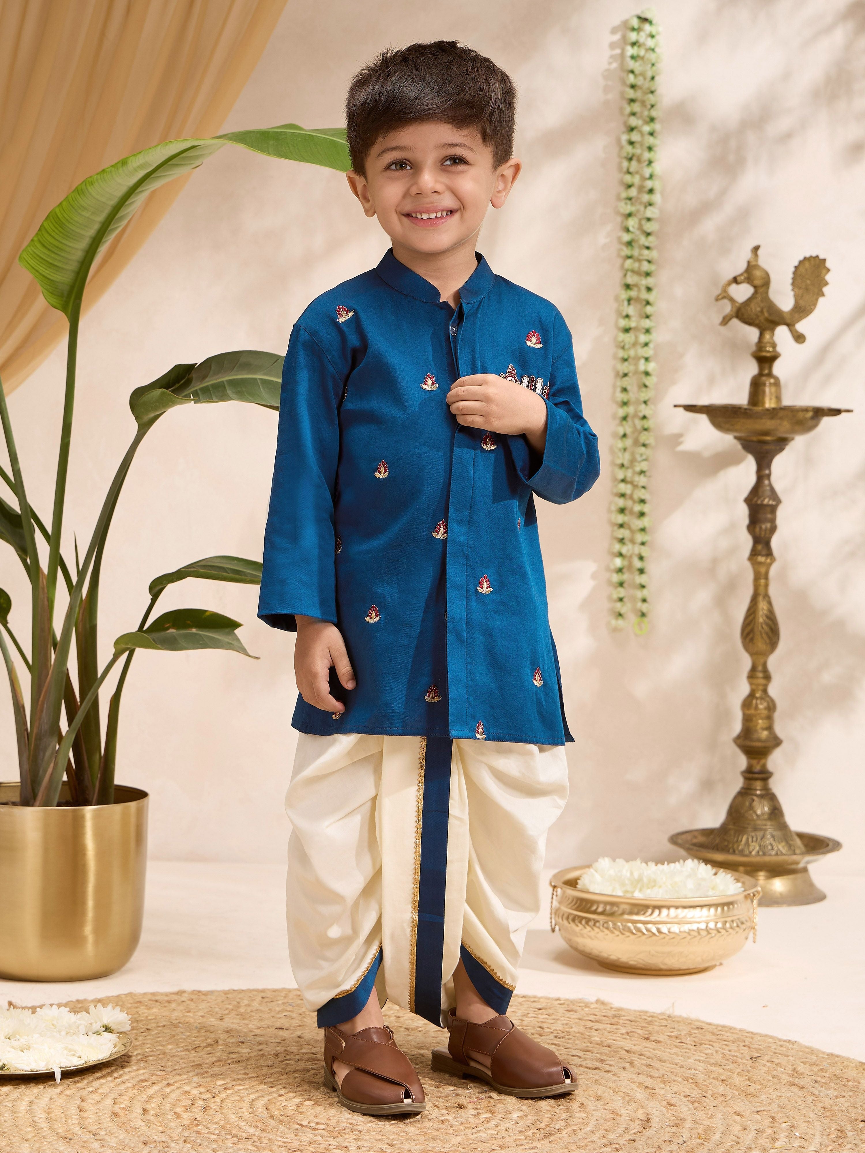 Boys Blue Cotton Silk Embroidered Kurta Dhoti Set