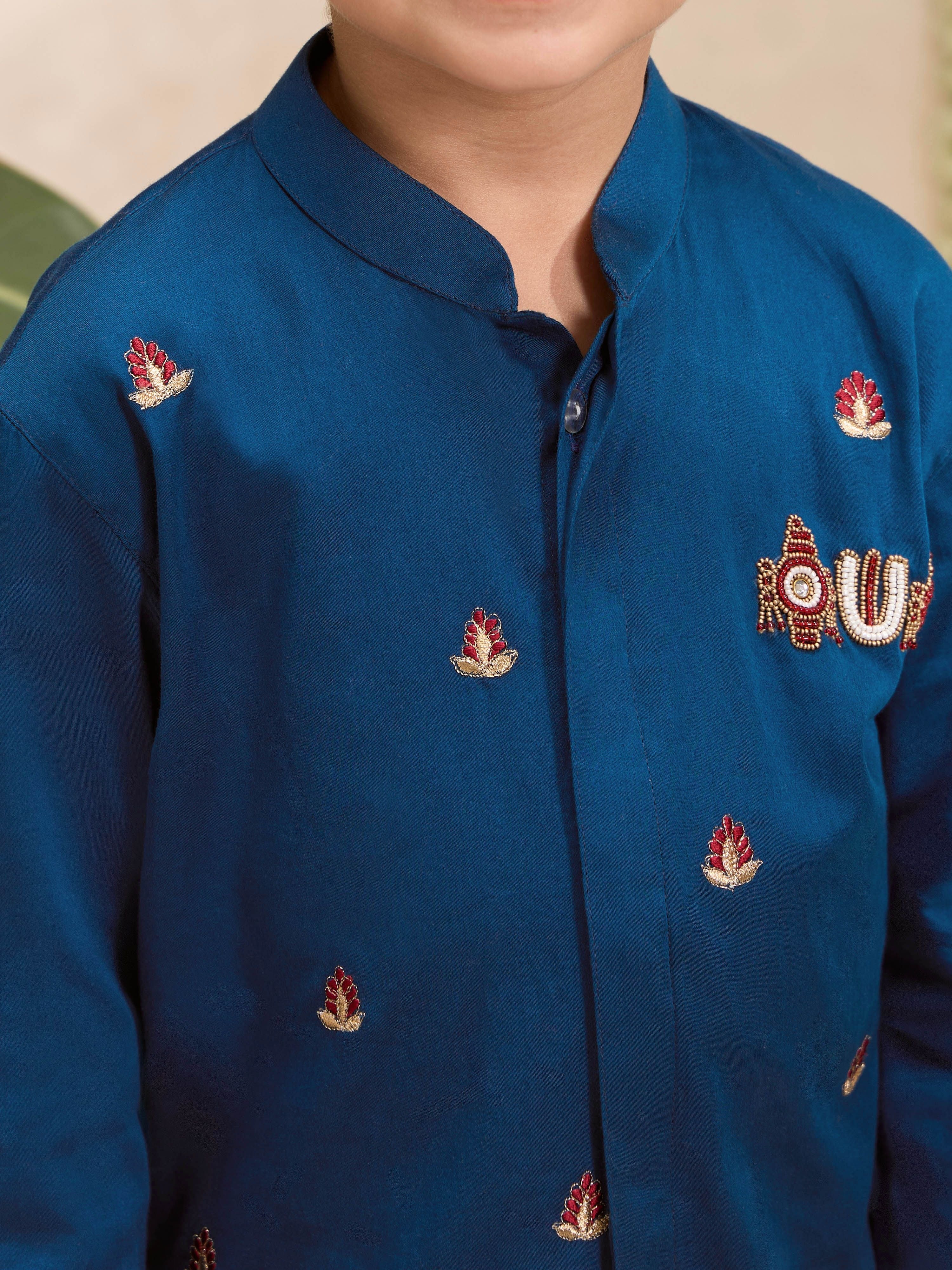 Boys Blue Cotton-Silk Embroidered Thigh Length Kurta and Dhoti Set