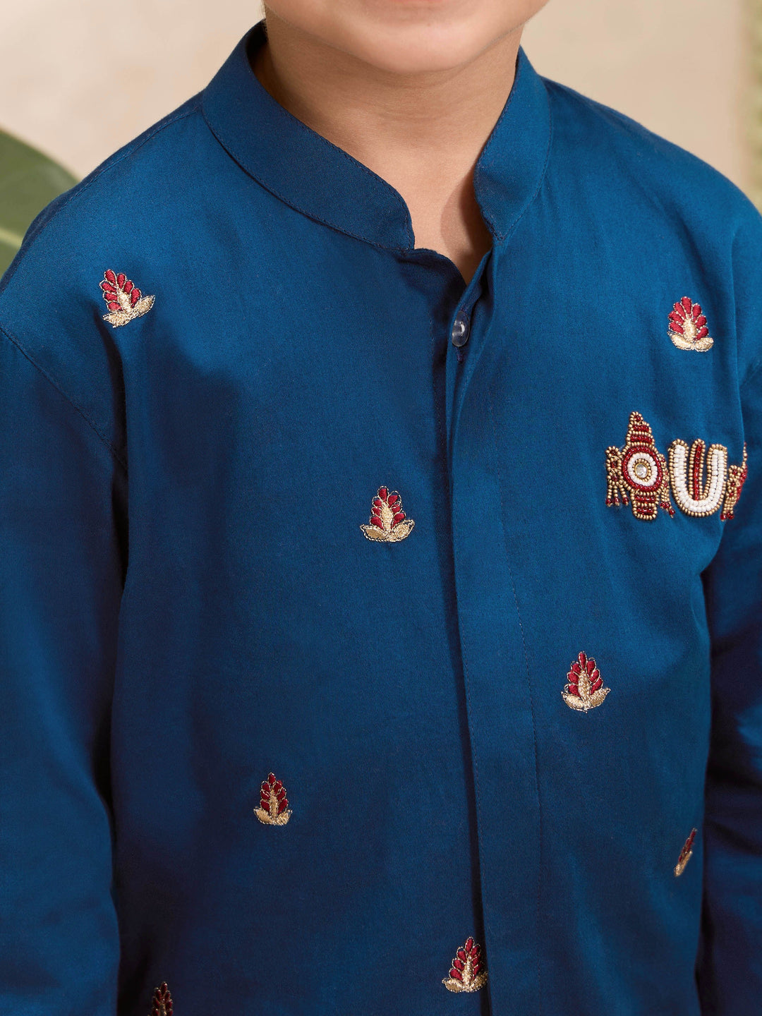 Boys Blue Cotton-Silk Embroidered Thigh Length Kurta and Dhoti Set