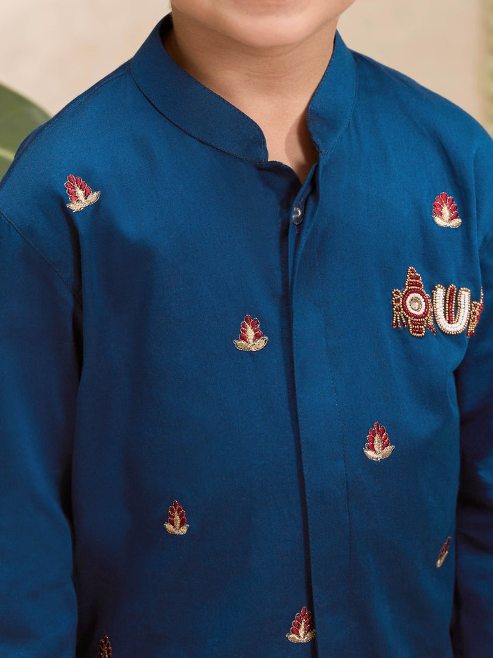 Boys Blue Cotton-Silk Embroidered Thigh Length Kurta and Dhoti Set