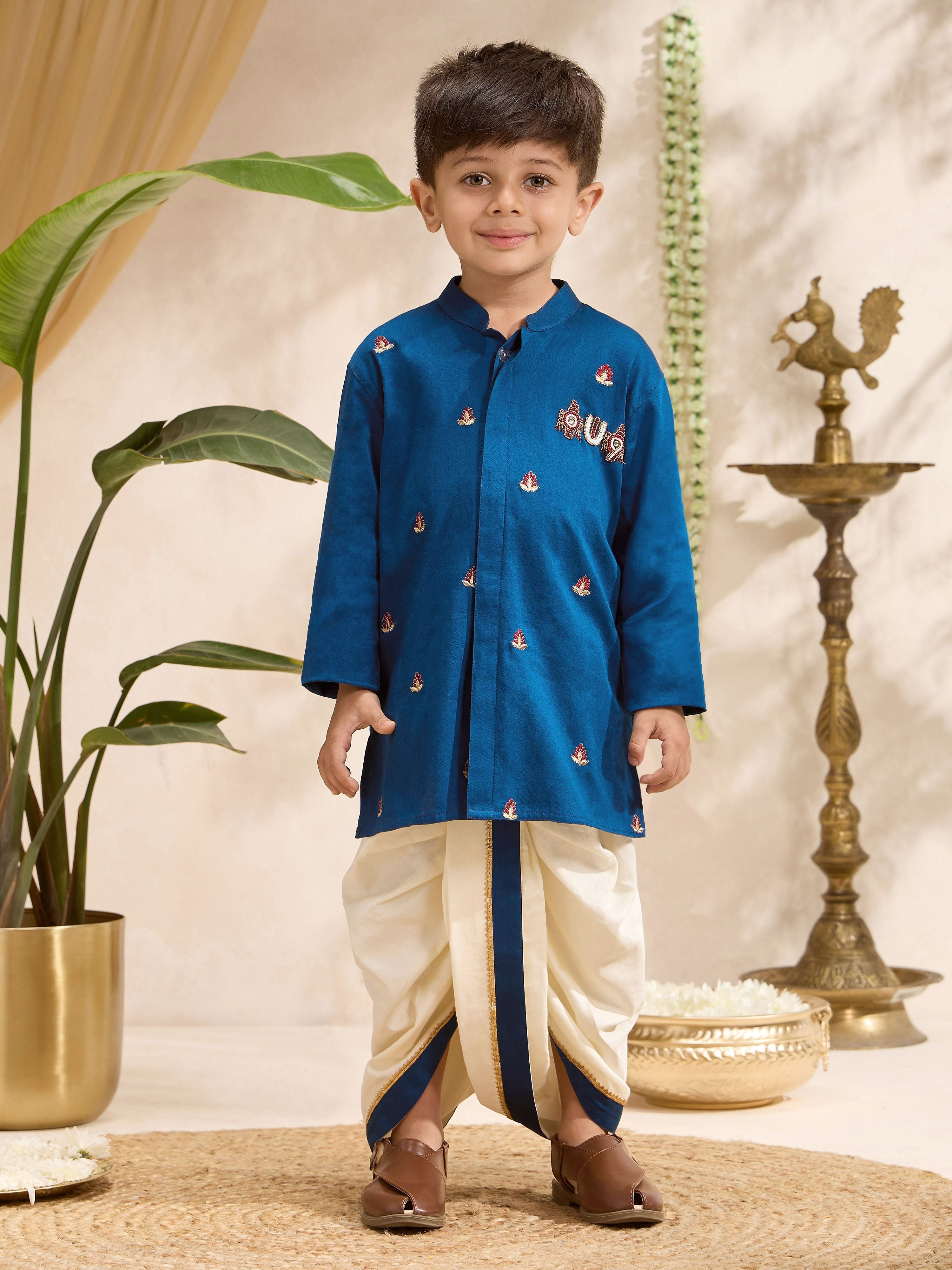 Boys Blue Cotton-Silk Embroidered Thigh Length Kurta and Dhoti Set