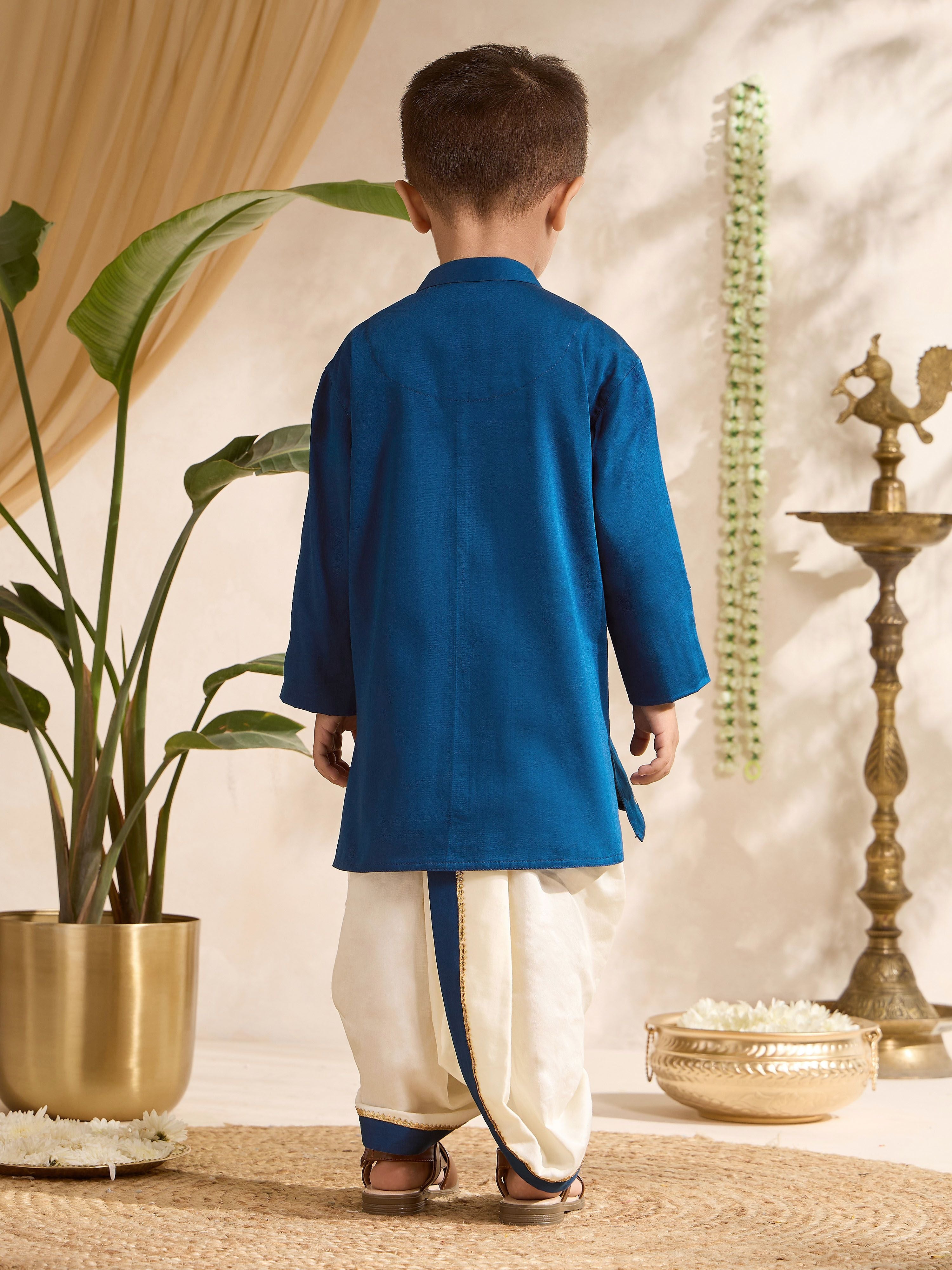 Boys Blue Cotton-Silk Embroidered Thigh Length Kurta and Dhoti Set