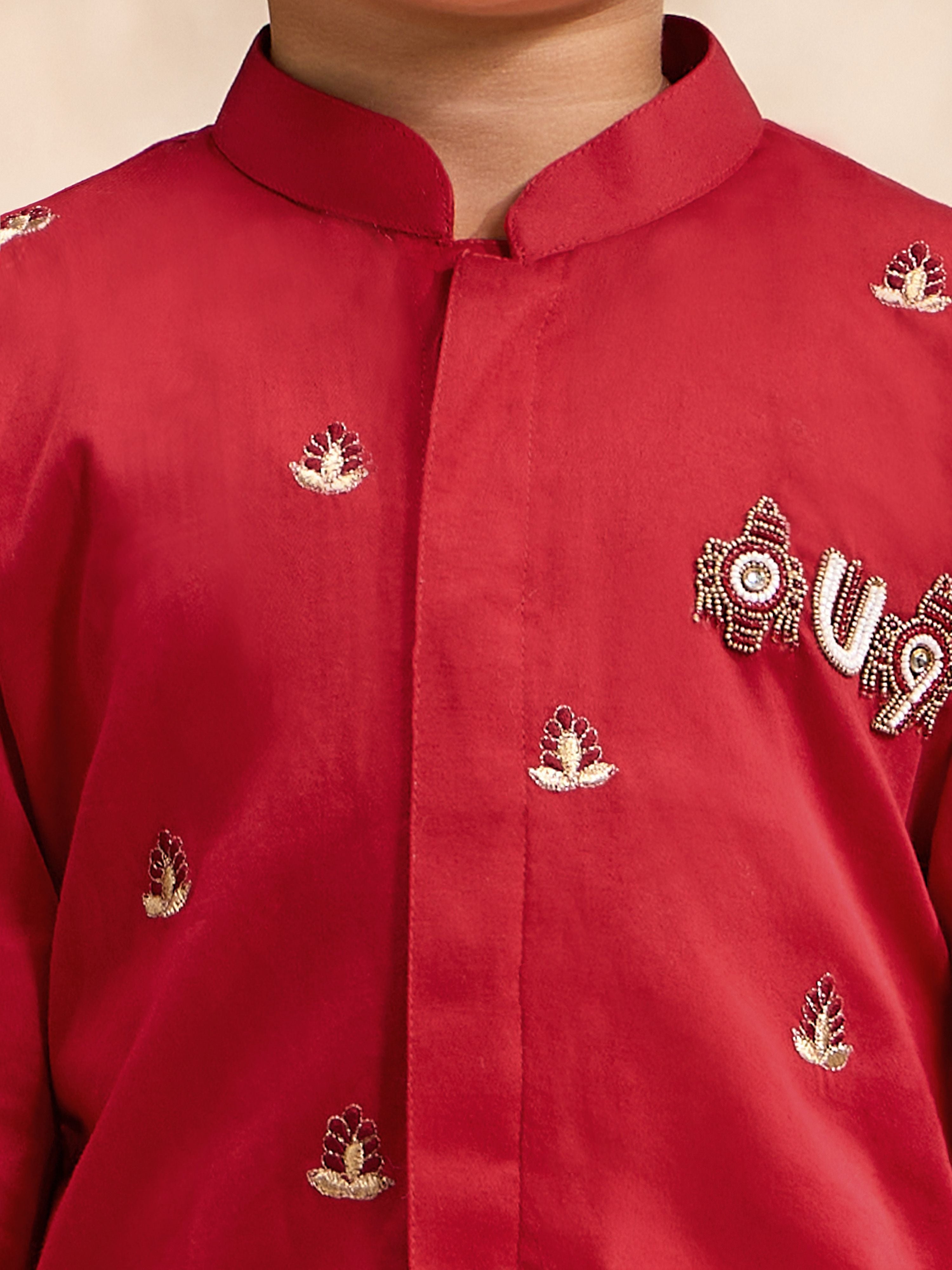 Boys Red Cotton-Silk Embroidered Thigh Length Kurta and Dhoti Set
