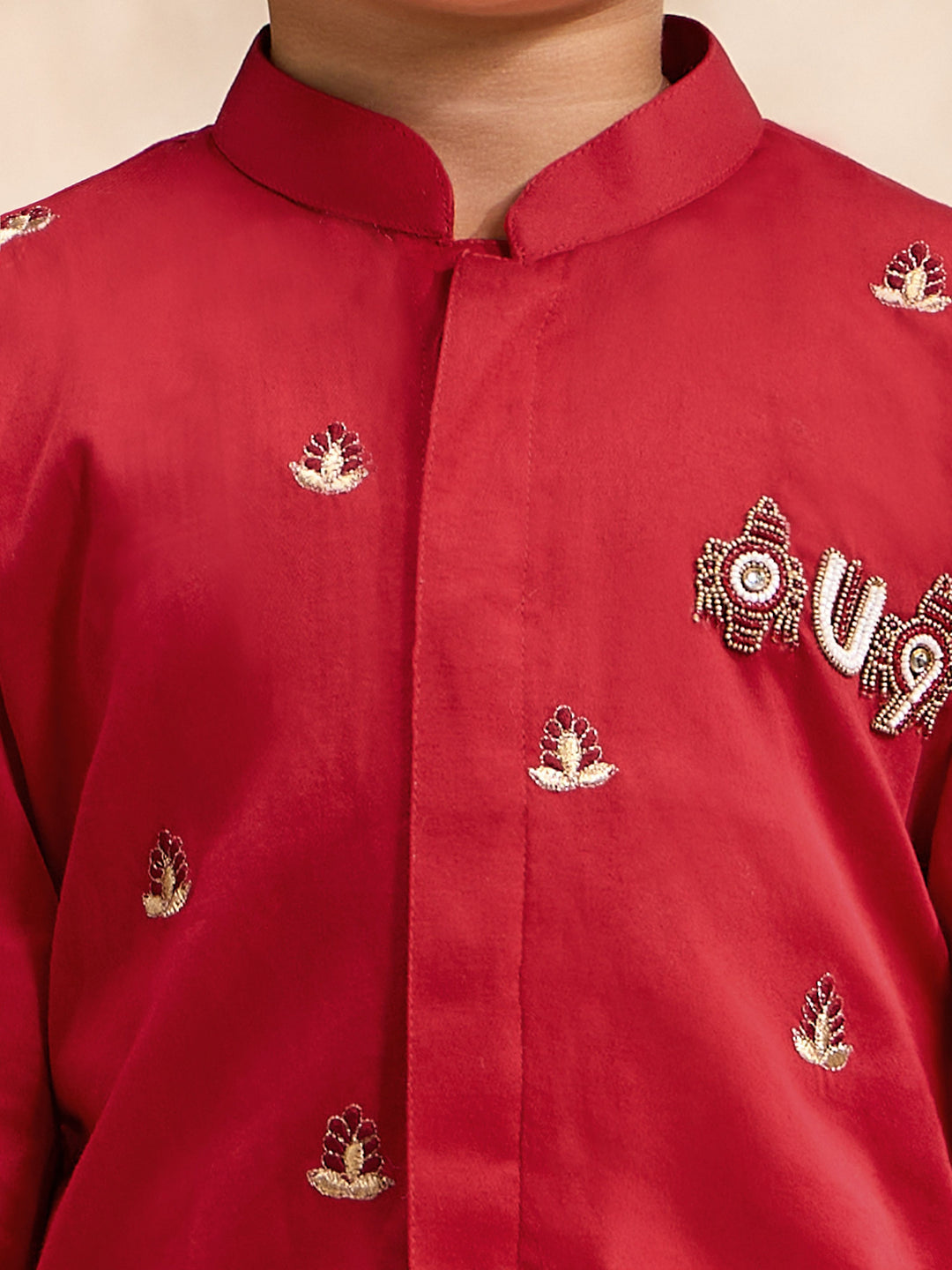 Boys Red Cotton-Silk Embroidered Thigh Length Kurta and Dhoti Set