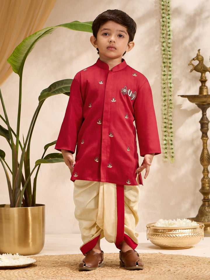 Boys Red Cotton-Silk Embroidered Thigh Length Kurta and Dhoti Set