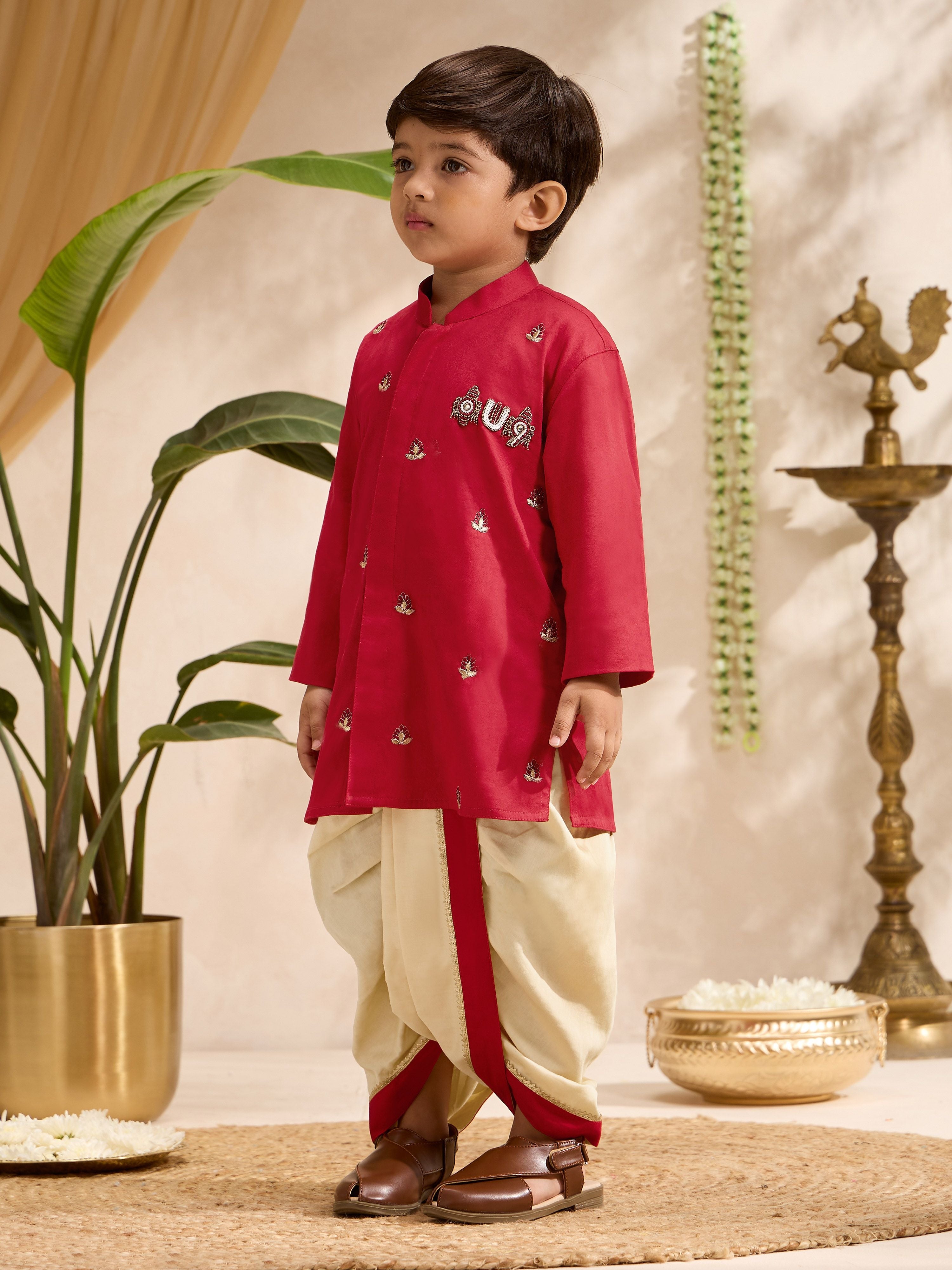 Boys Red Cotton-Silk Embroidered Thigh Length Kurta and Dhoti Set