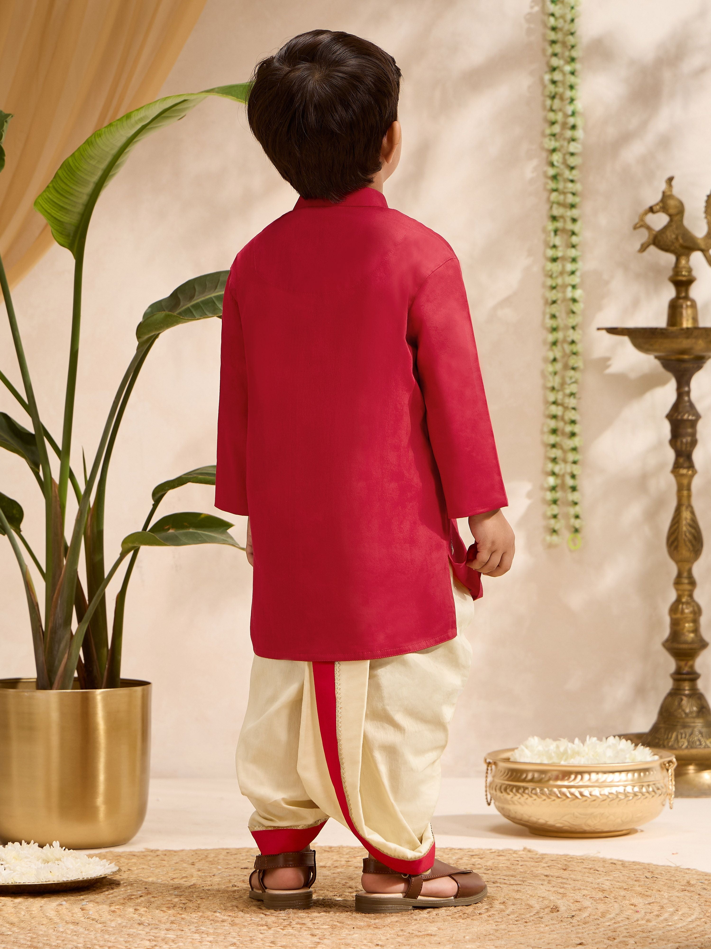 Boys Red Cotton-Silk Embroidered Thigh Length Kurta and Dhoti Set
