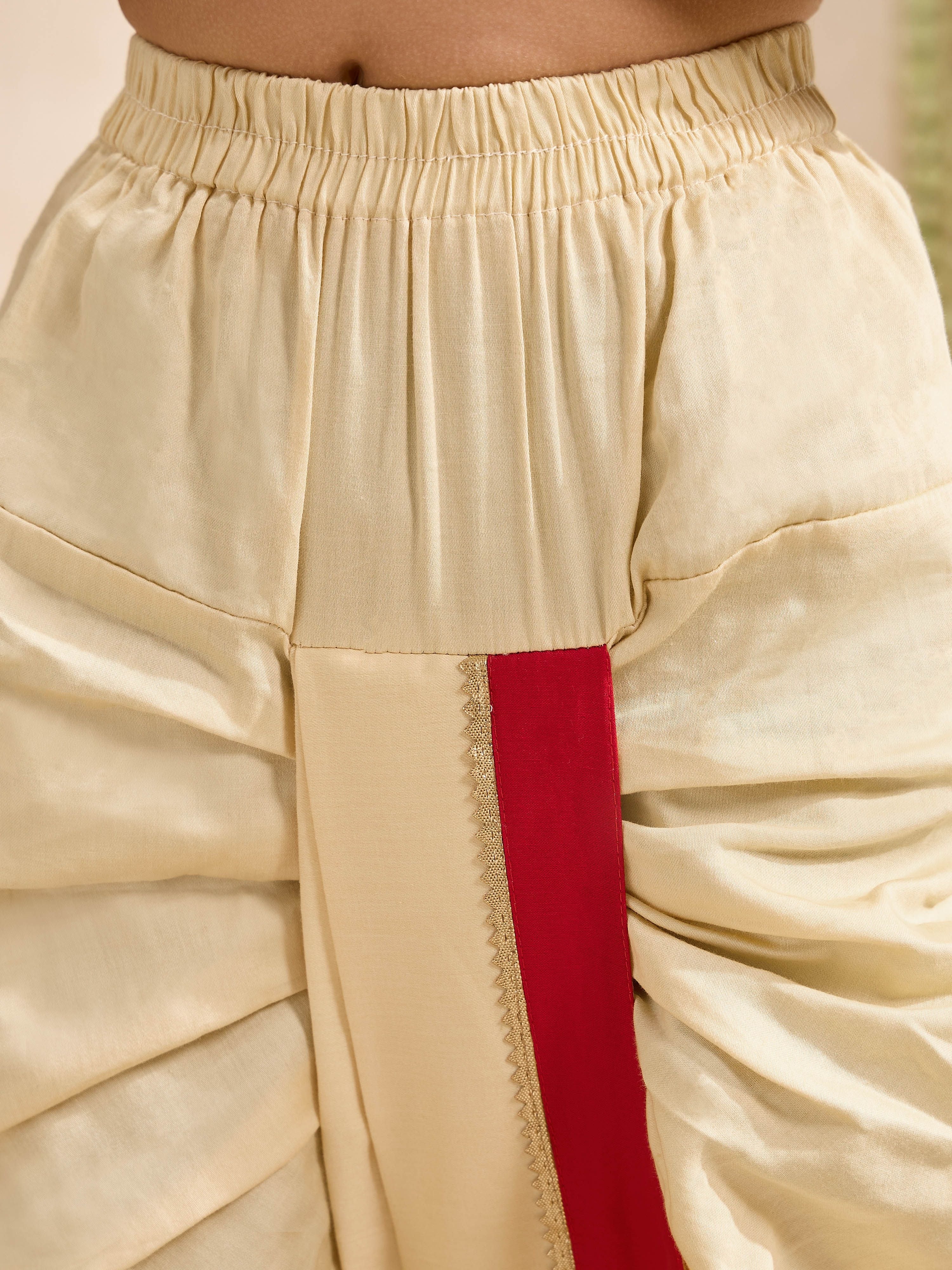 Boys Red Cotton-Silk Embroidered Thigh Length Kurta and Dhoti Set