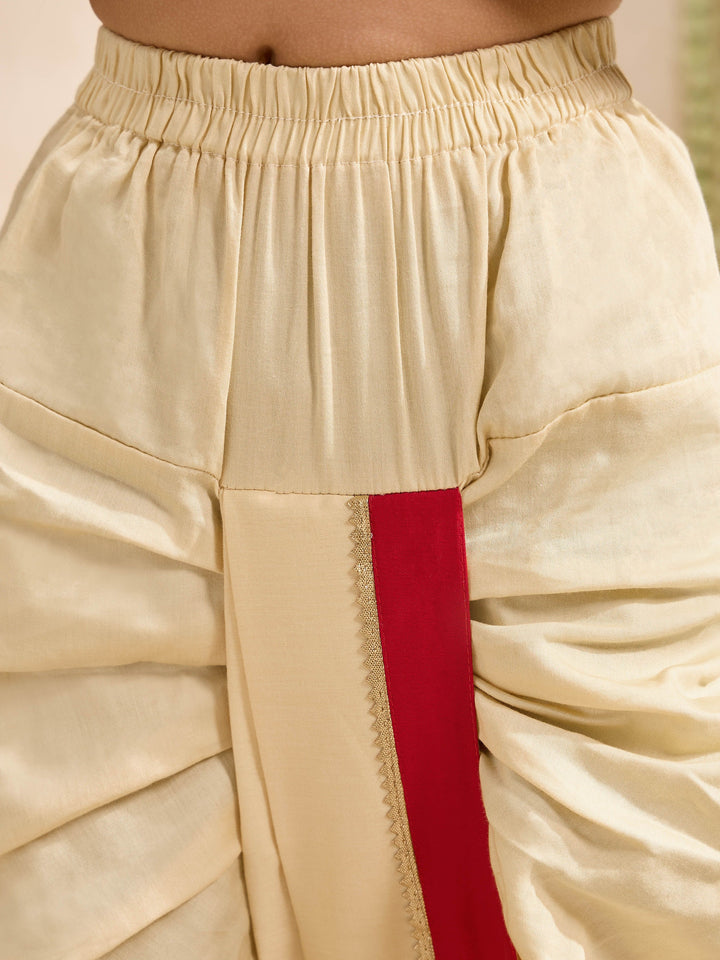 Boys Red Cotton-Silk Embroidered Thigh Length Kurta and Dhoti Set