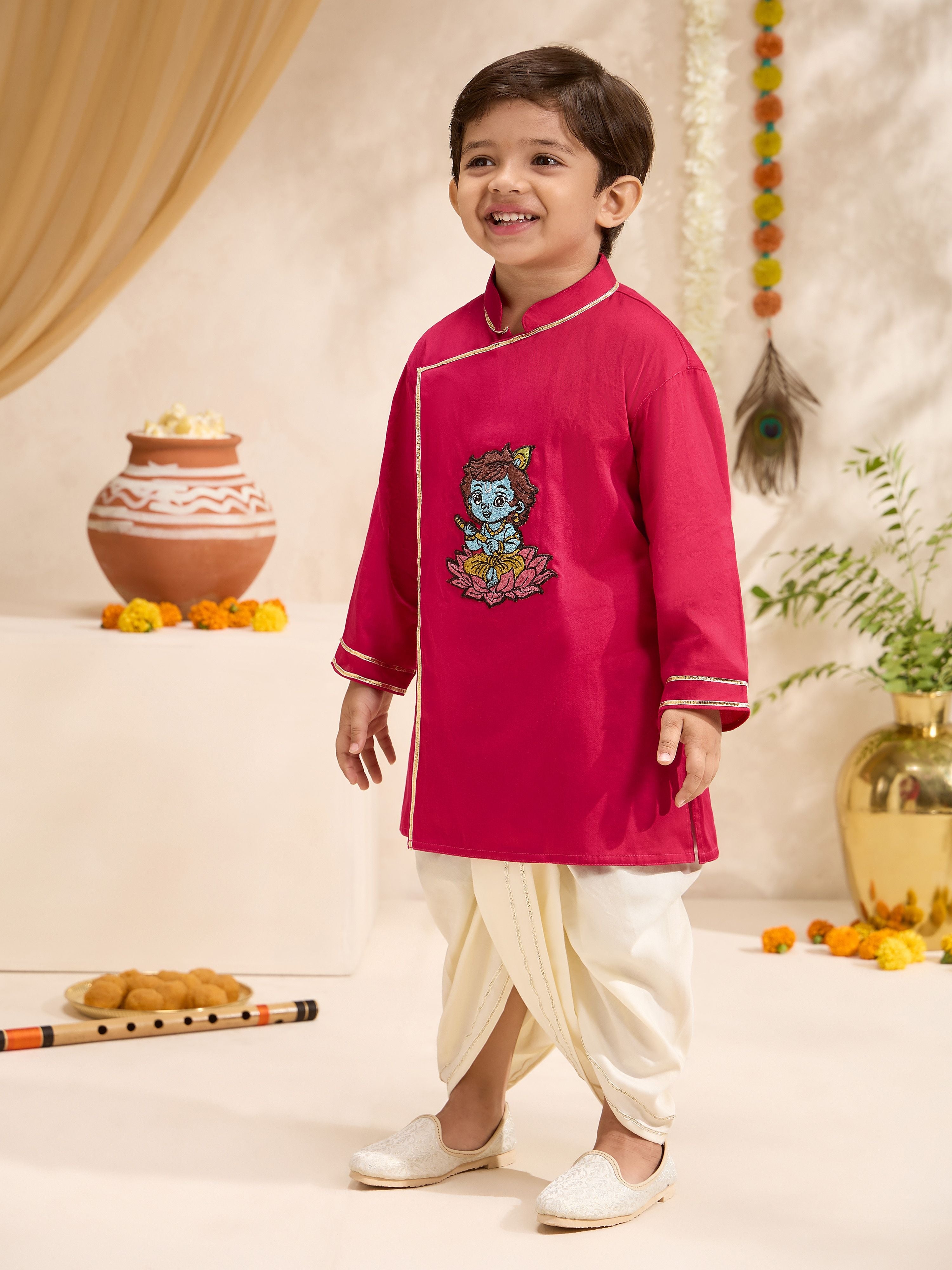 Boys Fuchsia Cotton-Silk Embroidered Kurta Dhoti Set