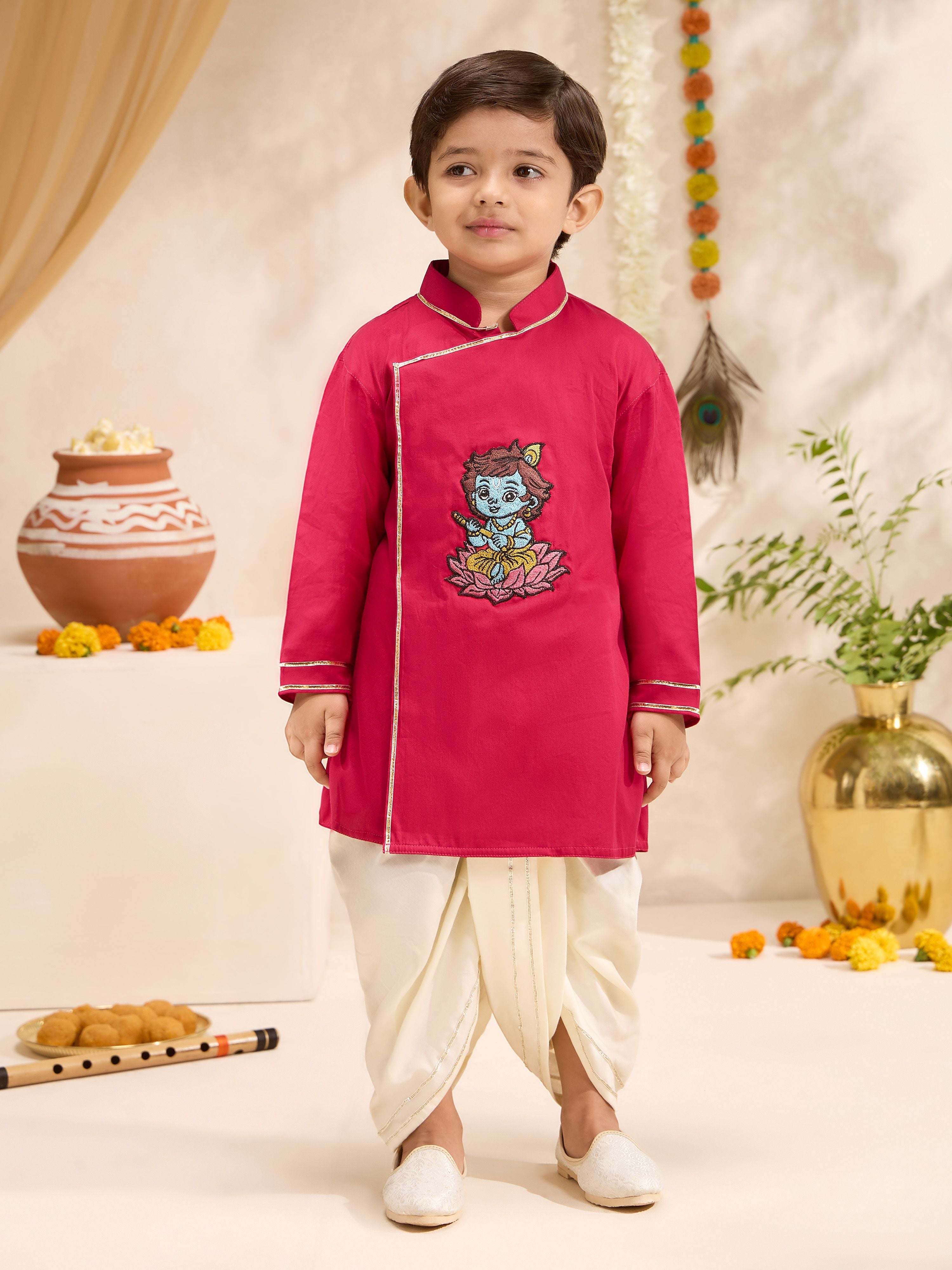 Boys's Fuchsia Cotton-Silk Embroidered Thigh Length Kurta And Dhoti Set