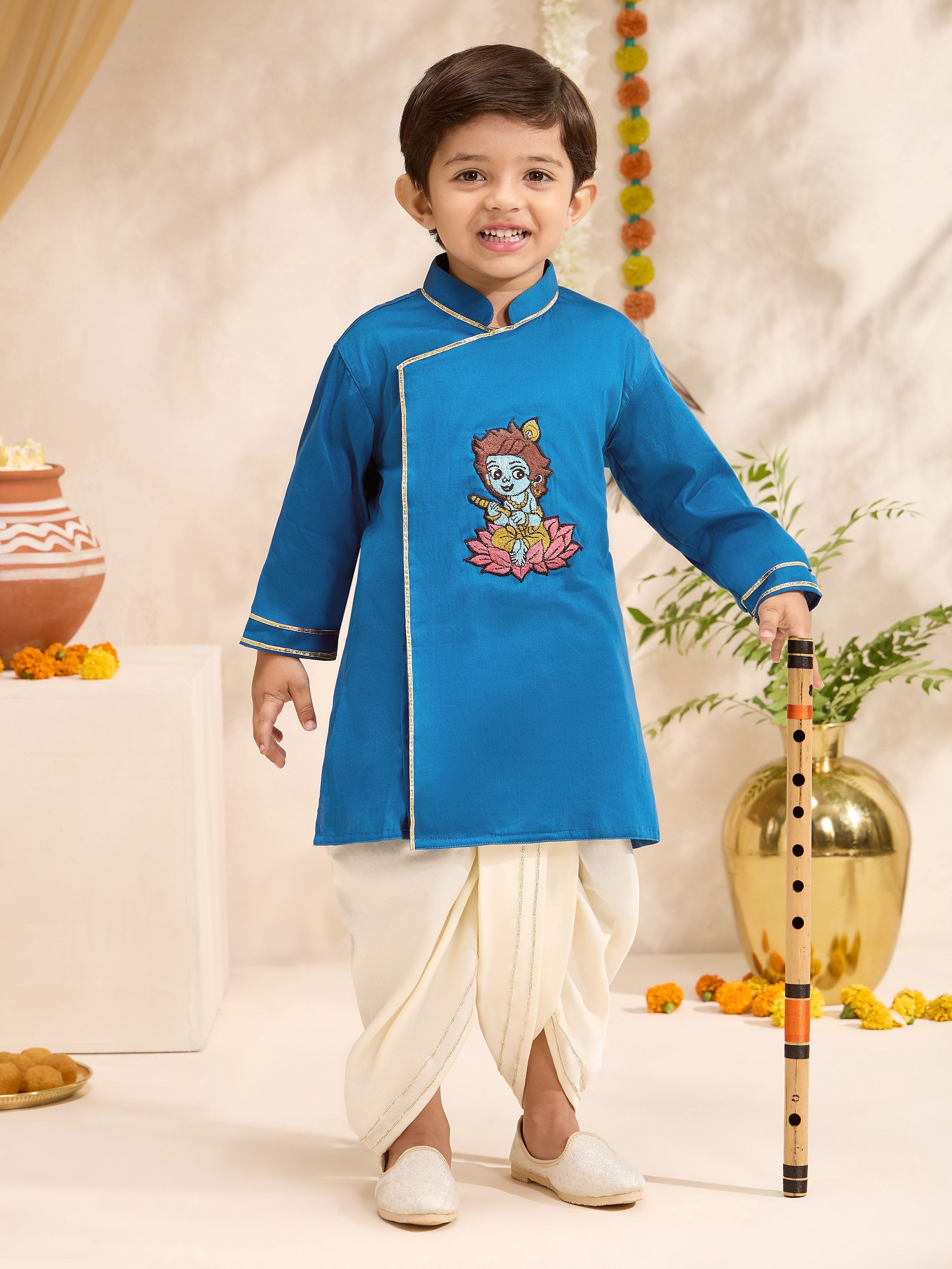 Turquoise Cotton-Silk Embroidered Kurta Dhoti Set Boys