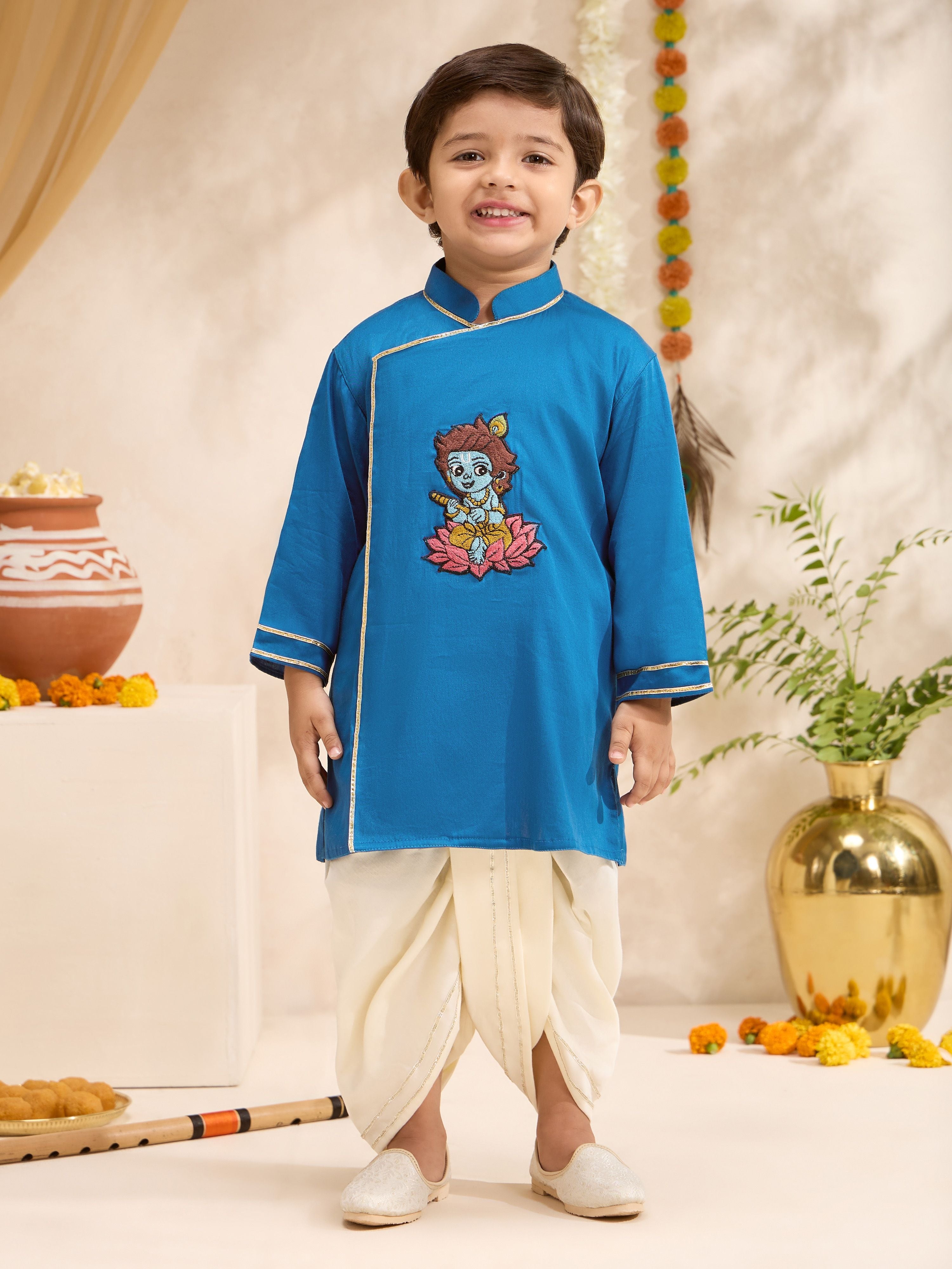 Boys's Turquoise Cotton-Silk Embroidered Thigh Length Kurta And Dhoti Set