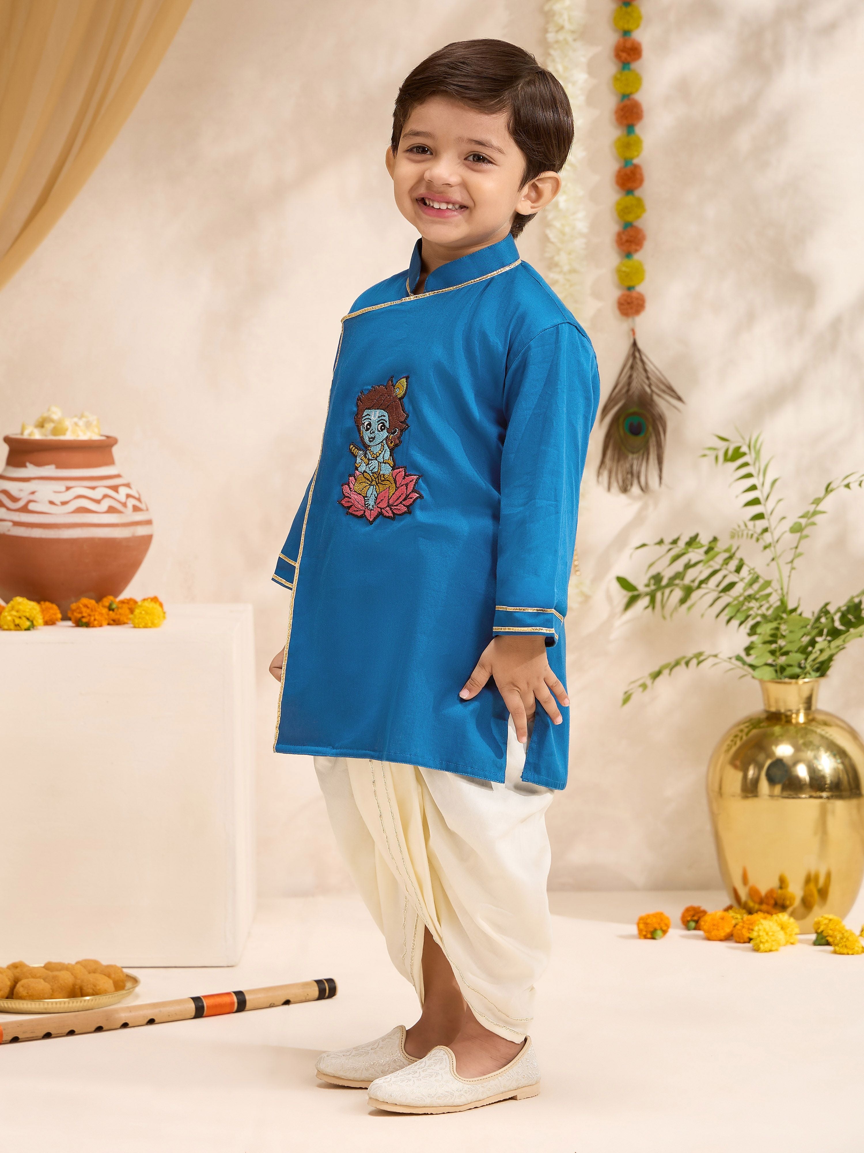 Boys's Turquoise Cotton-Silk Embroidered Thigh Length Kurta And Dhoti Set