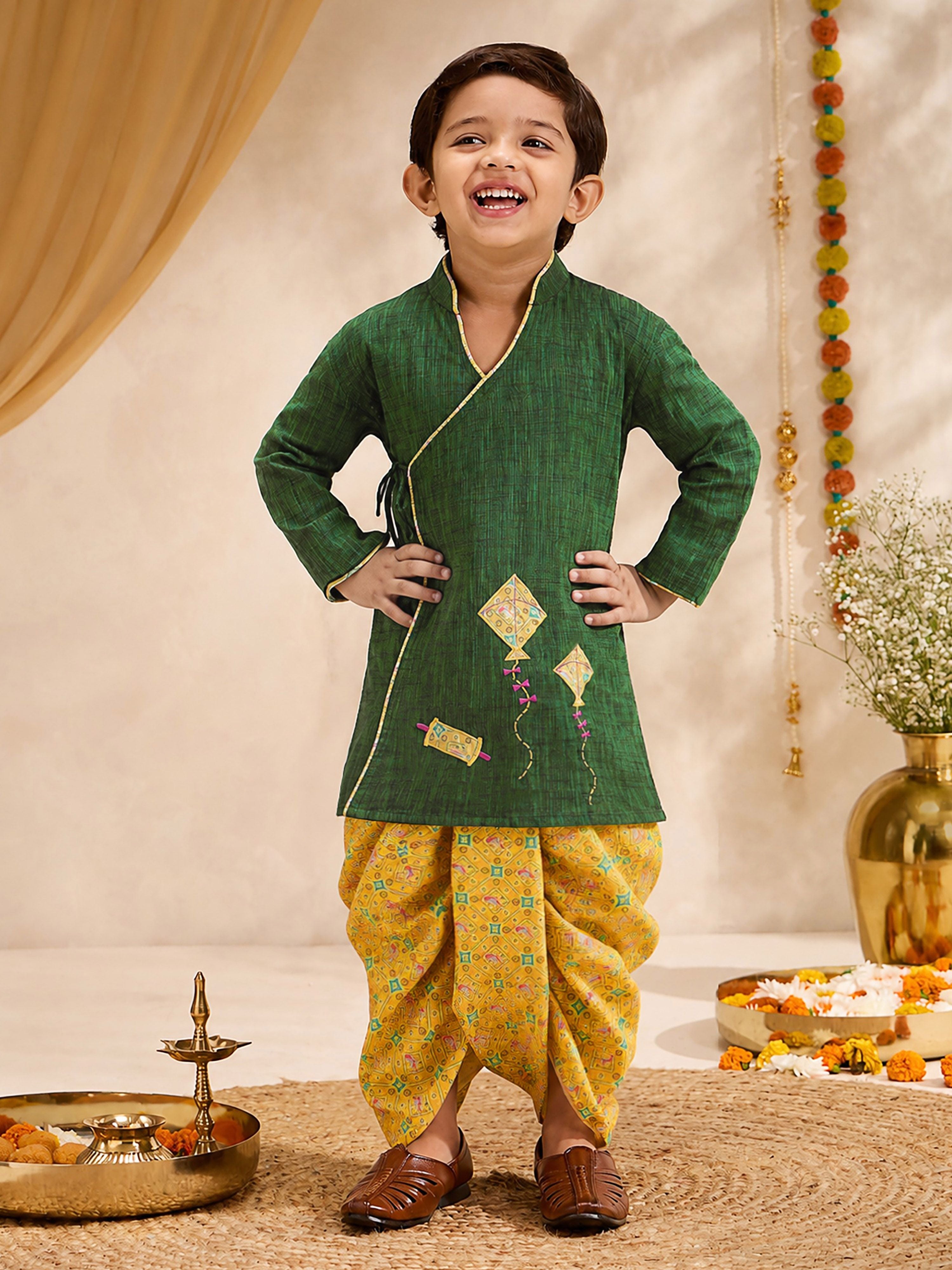Boys Cotton Angrakha Kurta Dhoti Set - Green Embroidered